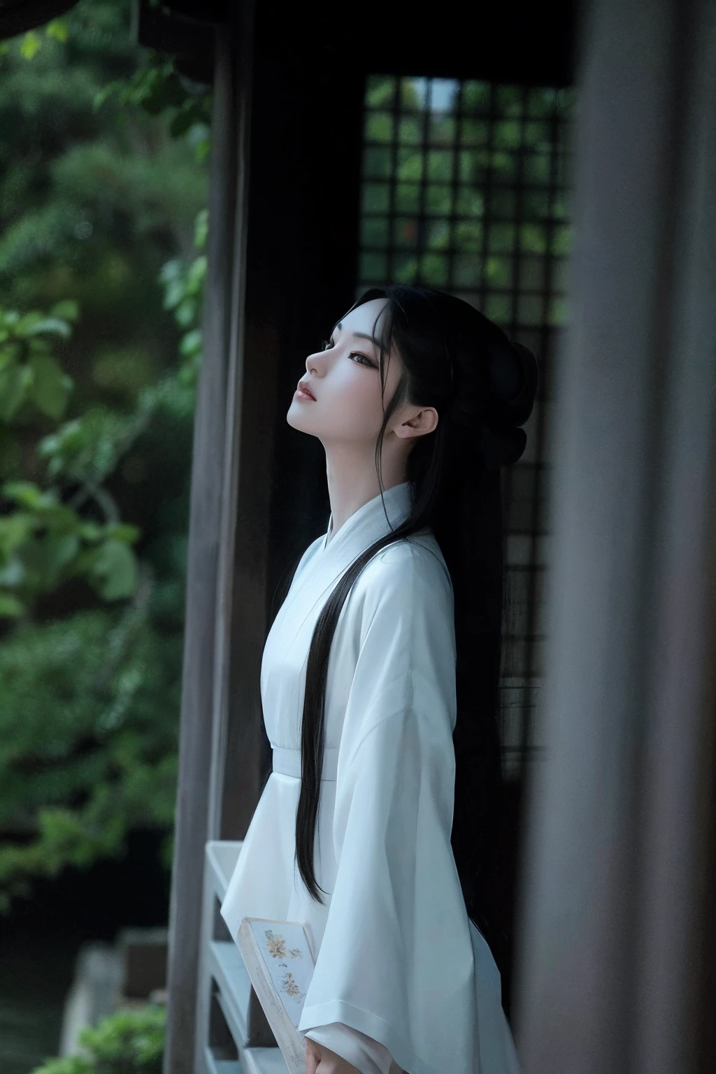 An Arad woman in a white dress stood on the bridge and looked up, Palace , A girl in Hanfu, White Hanfu, Hanfu, inspired by Gu An, with acient chinese clothes, Inspired by Huang Ji, Inspired by Tang Yifen, inspired by Gu Kaizhi, inspired by Lü Ji, Wearing ancient Chinese clothes