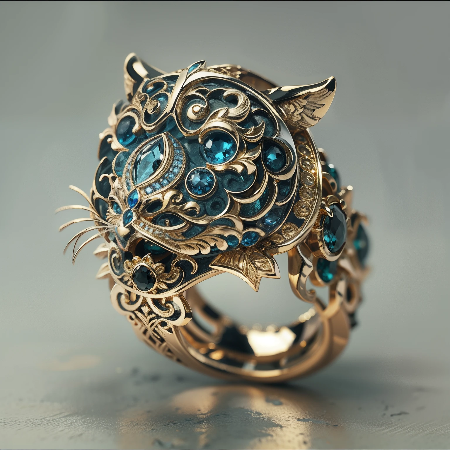 Masterpiece，highest  quality，(Best shadow), Beautiful ring, Ultra detailed，(No body)，a ring，The ring is shaped like a tiger's head wrapped around the end from end to end，blue gem eyes，Delicate gold ring，The sheen，inverted image，Elegant and noble，Shining with noble blue light，The golden-red tone is filled with dark-style graphics，Black pebble background，rose flower background，Rose petal background，