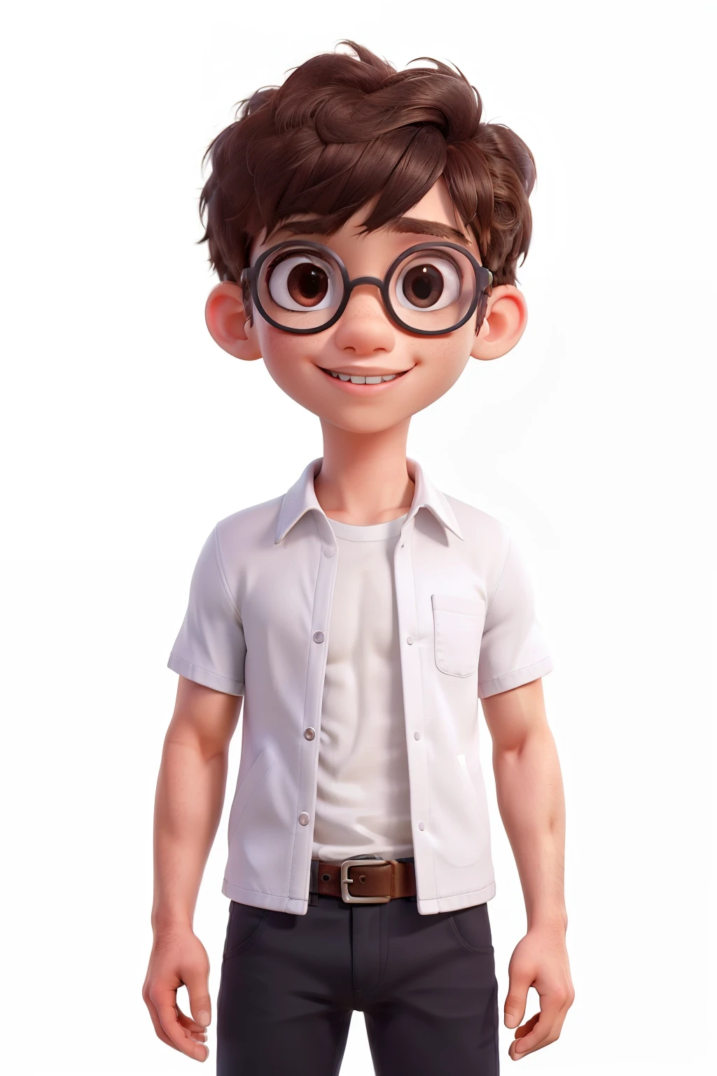 a white boy,whitebackground ,Close -up,big eyes,sunglasses ,skinny face,light smile