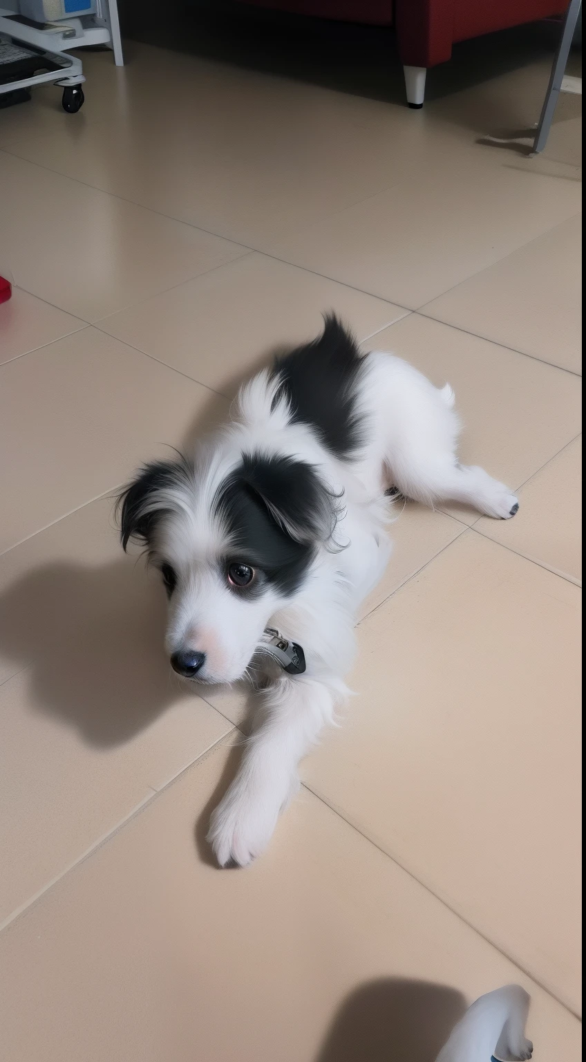 There was a small dog lying on the floor, chinese crested powderpuff dog, small white dog at her side, cute furry needs your help, male emaciated, small dog, havanese dog, scruffy looking, emaciated, 20yr old, 2 0 I, tommy 1 6 years old, pepper, monochrome black and white
