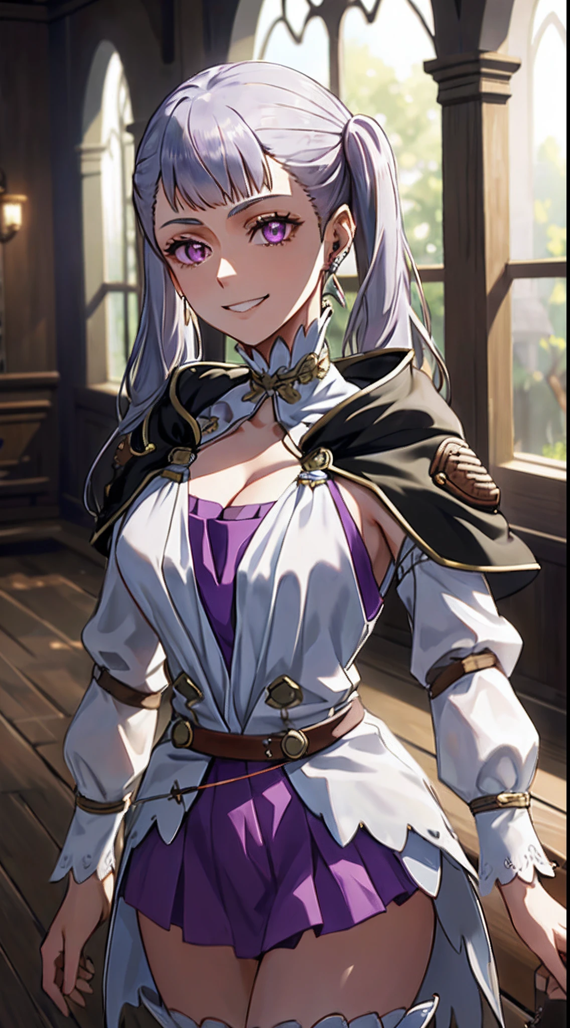 1girl, cowboy shot, beautiful noelle_silva,long hair ,twintails, bangs, earring,jewelry, silver hair,purple eyes, mage_dress,white dress, cleavage, capelet,long sleeves, water, medium breast ,smile,room,indoors, front light, volumetric lighting, best quality, masterpiece, intricate details, tonemapping, sharp focus, hyper detailed, trending on Artstation,