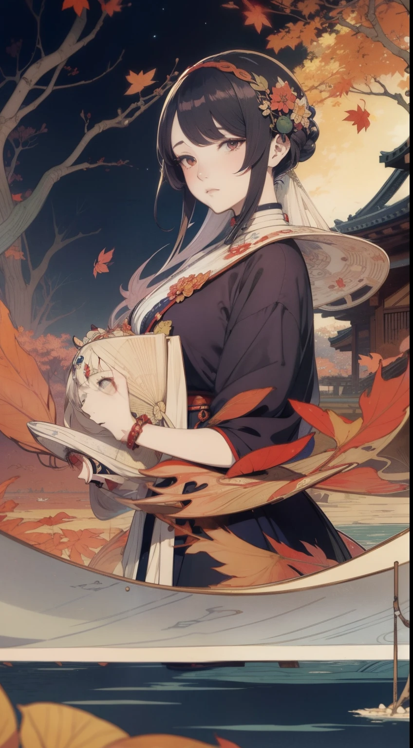 Ukiyo-e style, Charles Robinson, Eleanor Fortescue-Brickdale Anime surreal fanciful wondrous strange Whimsical Sci-Fi Fantasy Cafe sinking in the sea of autumn leaves 女の子 Hyperdetailed high resolution high quality masterpiece