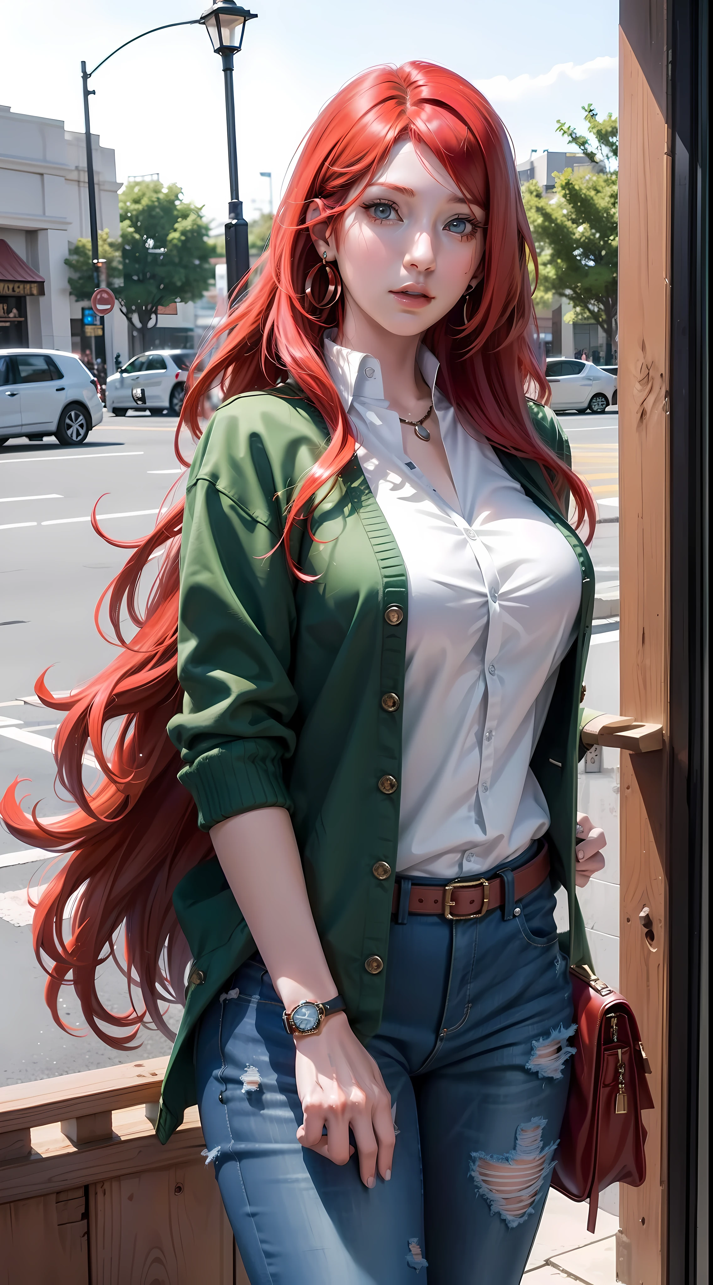 kushina from the anime naruto, red hair, long hair, wearing mascara, perfect body, perfect breasts, beautiful woman, very beautiful, wearing a white shirt, wearing a green cardigan, jeans, wearing a handbag, wearing a watch, wearing earrings, being in the mall, in the mall, Realism, masterpiece, textured leather, super detailed, high detail, high quality, best quality, 1080P, HD, 16k