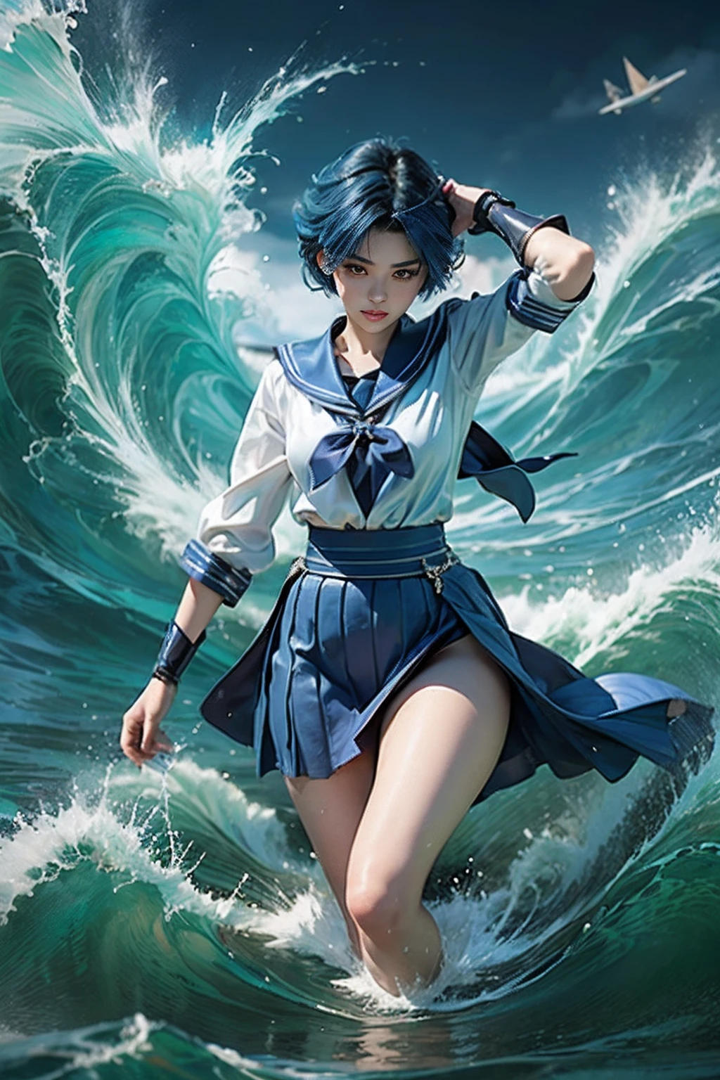 Best Quality, Masterpiece, Ultra High Resolution, (Realism: 1.4), Original Photo, A Twenty-Year-Old Girl, (Sailor Moon: 2.1) ((Ami Mizuno/Sailor Crystal, Sailor Mercury)), Charming Smile, Short Hair, Short Blue Hair, Vibrant Blue Eyes, Short Skirt, Looking at the Viewer, Pool in the Background, Dynamic Pose, OC Rendering, Water Splashing