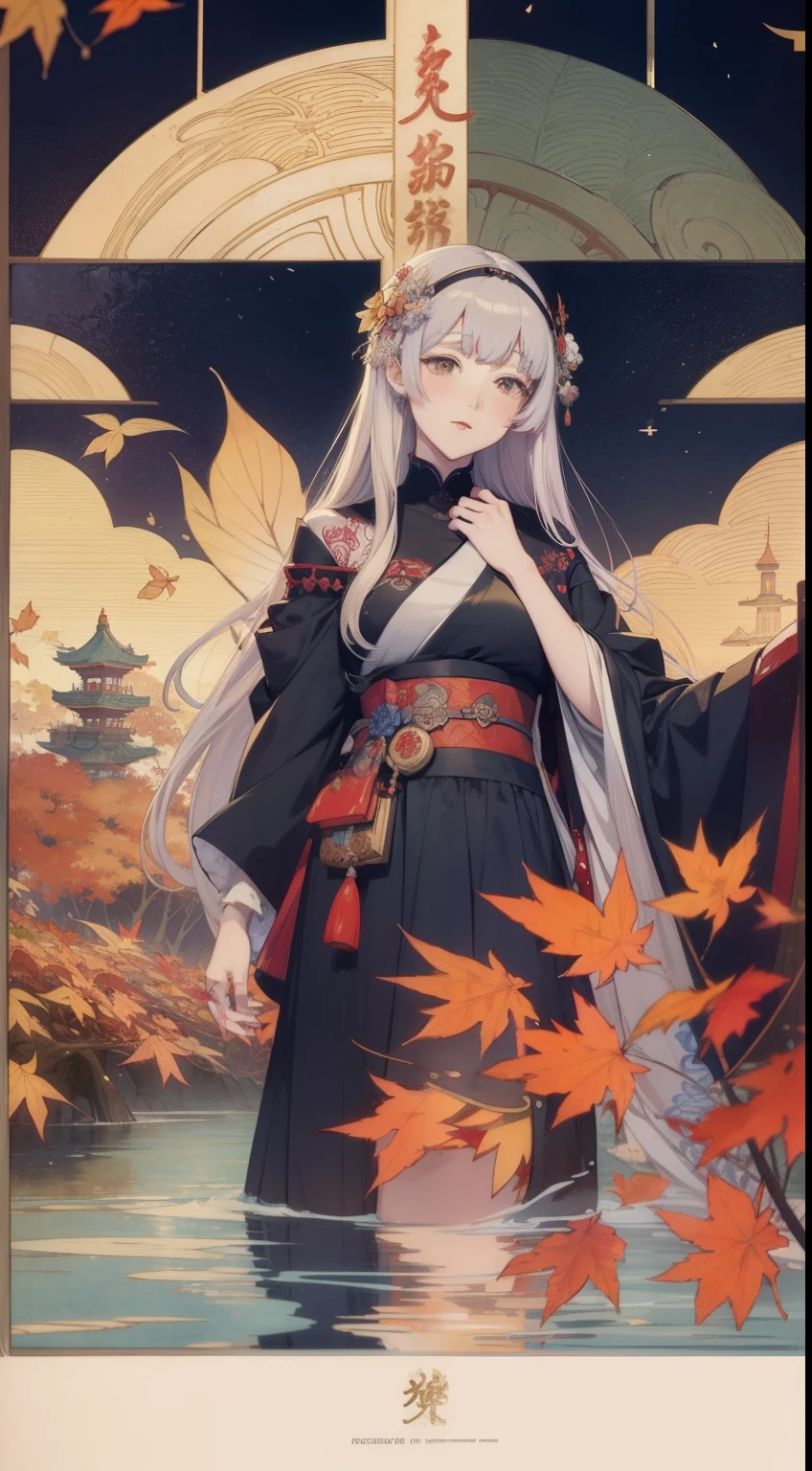 Ukiyo-e style, Charles Robinson, Eleanor Fortescue-Brickdale Anime surreal fanciful wondrous strange Whimsical Sci-Fi Fantasy Cafe sinking in the sea of autumn leaves 女の子 Hyperdetailed high resolution high quality masterpiece