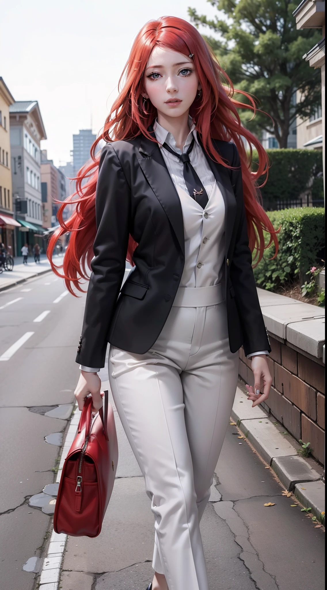 kushina from anime naruto, red hair, long hair, wears mascara, perfect body, perfect breasts, beautiful woman, very beautiful, wears a white formal shirt, dapper dress, formal wear, wears a black blazer, black pants, tie, wears a handbag, wearing a watch, wearing earrings, being in a city, roadside, public space, Realism, masterpiece, textured skin, super detailed, high detailed, high quality, best quality, 1080P, HD, 16k