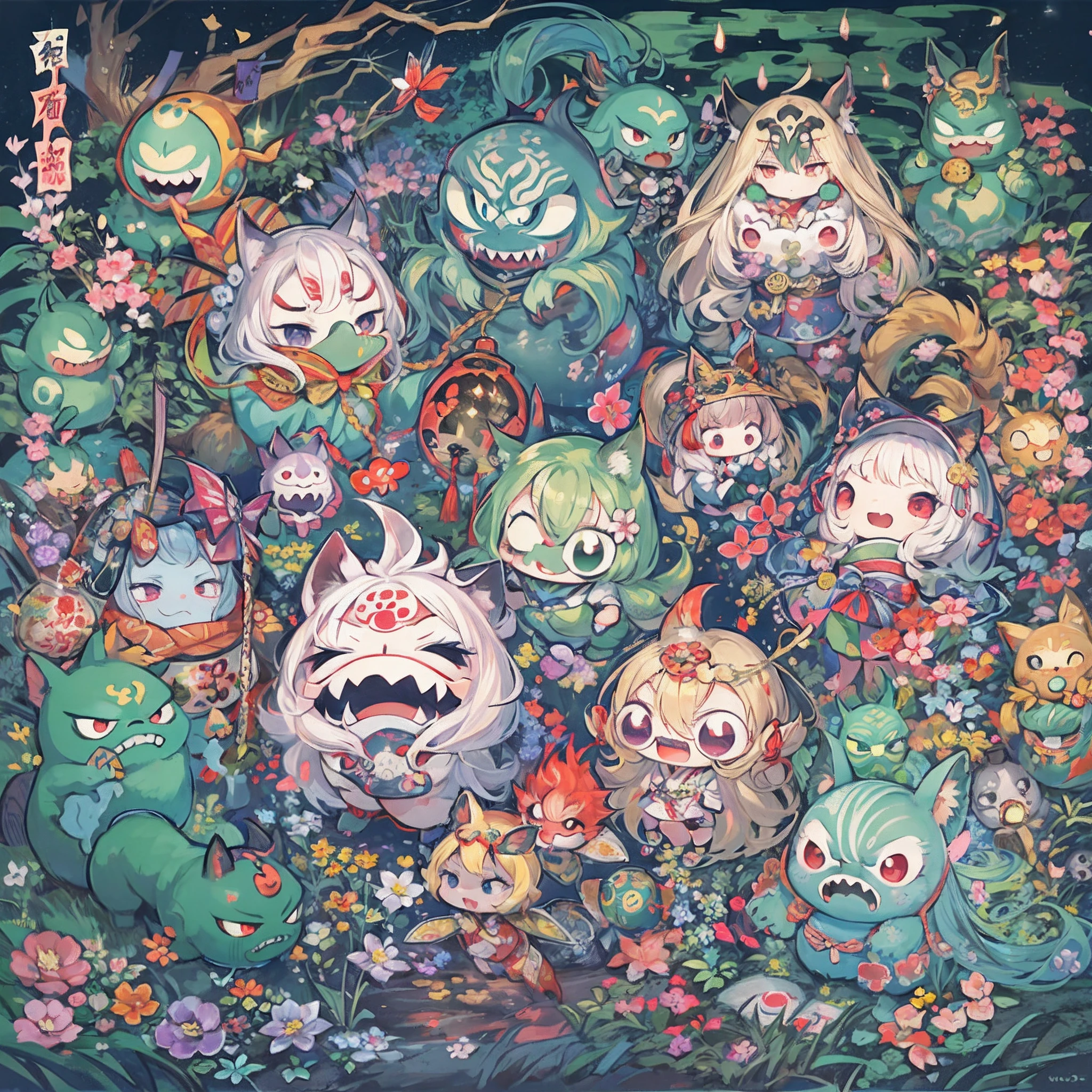 kawaii, chibi, Tiny, Do not go out at midnight. They march in the hazy moonlit night. Never meet them. Various Japanese monsters and sprits, Heian-kyo, Japanese folklore, processions, yokai(Japanese monsters and sprits), Unattended, no Human, Heian-emaki style illustration, Detailed drawing, Vibrant colors、