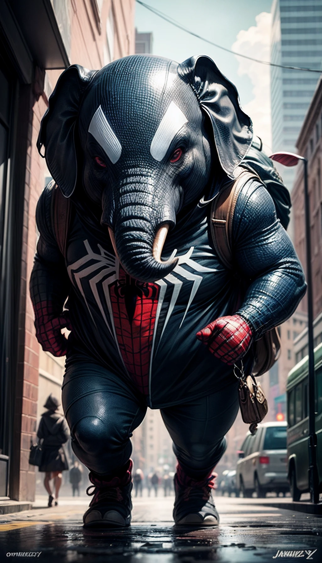 Character Elephant, In a Spider-man costume, in the city, Laurie Grizzly style, Studio Ghibli, Akira Toriyama, by james gilleard, Genshin Impact, Trending Pixiv Fanbox, acrylic palette knife, 4k, bright colours, devinart, Trending on ArtStation, low detailed, dripping ink splatters
