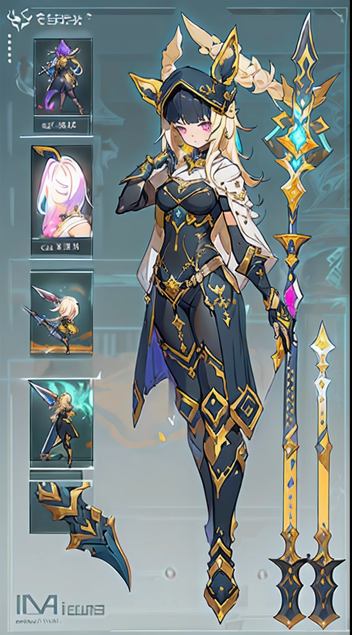 Design a layout showcase Gaming character, ((1chibi)), sorcerer:1.4, Golden+Purple clothes, Black_Desert_style, stylish and unique, ((showcase weapon:1.4)), magic staff, (masterpiece:1.2), (best quality), 4k, ultra-detailed, (Step by step design, layout art:1.5), (luminous lighting, atmospheric lighting), Final Fantasy style, magican, ((glove full hands)), fran, viera, (((revealing clothes:1.3))), vambraces, armored legwear, (((full_body_shot:1.4))), Niji, back_view, T_pose