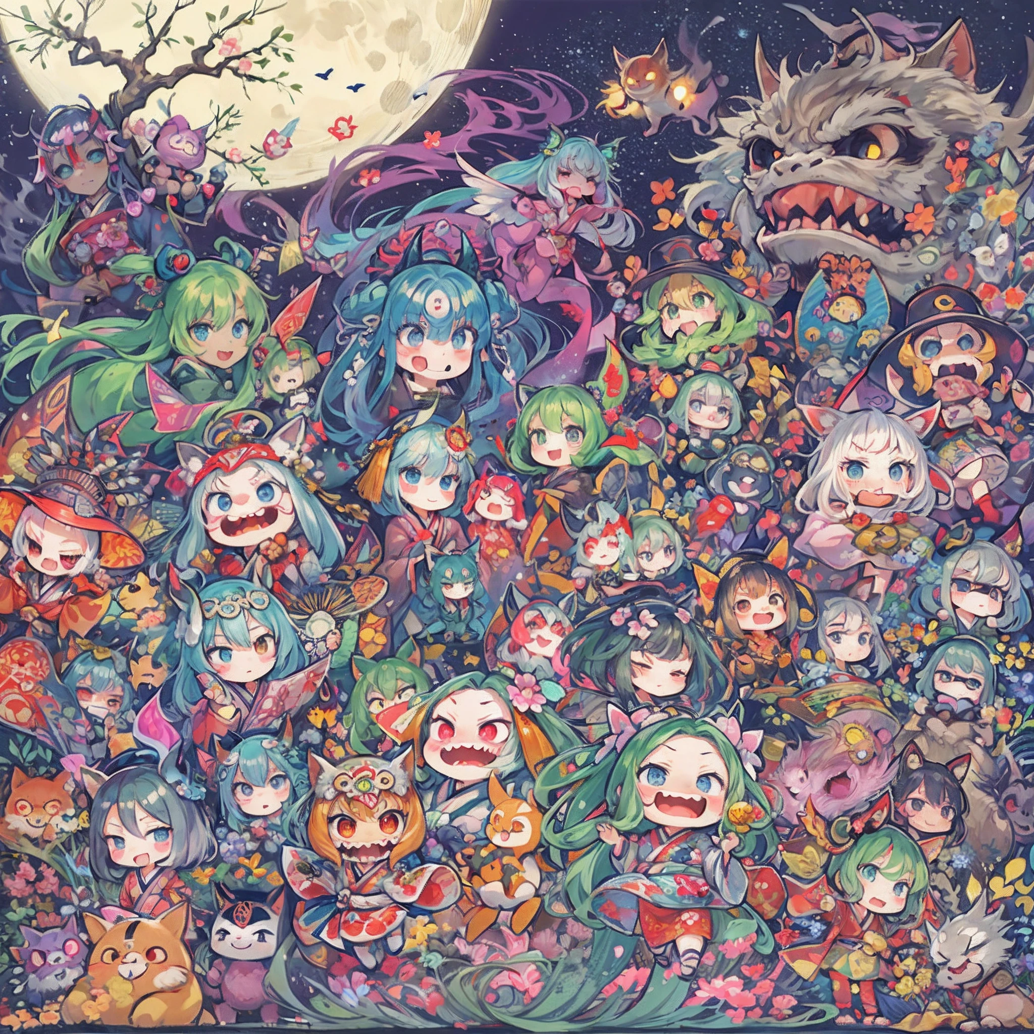 kawaii, chibi, Tiny, Do not go out at midnight. They march in the hazy moonlit night. Never meet them. Various Japanese monsters and sprits, Heian-kyo, Japanese folklore, processions, yokai(Japanese monsters and sprits), Unattended, no Human, Heian-emaki style illustration, Detailed drawing, Vibrant colors、