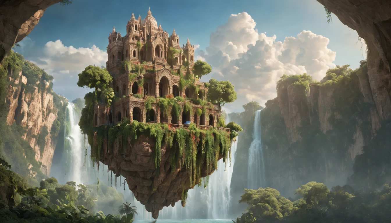 Within a mystical universe, a floating island suspended in the sky, waterfalls cascade from its edges, vibrant floating flora emitting a soft glow, ancient ruins covered in overgrown vines hinting at a forgotten civilization, Painting, acrylic on canvas, vibrant colors with a dreamlike quality, --ar 16:9 --v 5