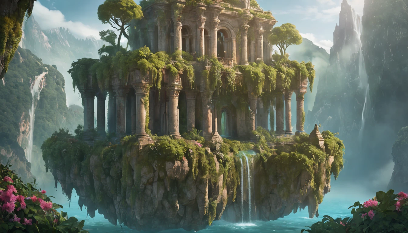 Within a mystical universe, a floating island suspended in the sky, waterfalls cascade from its edges, vibrant floating flora emitting a soft glow, ancient ruins covered in overgrown vines hinting at a forgotten civilization, Painting, acrylic on canvas, vibrant colors with a dreamlike quality, --ar 16:9 --v 5