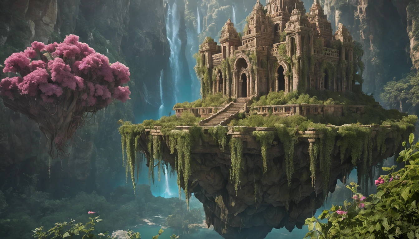 Within a mystical universe, a floating island suspended in the sky, waterfalls cascade from its edges, vibrant floating flora emitting a soft glow, ancient ruins covered in overgrown vines hinting at a forgotten civilization, Painting, acrylic on canvas, vibrant colors with a dreamlike quality, --ar 16:9 --v 5