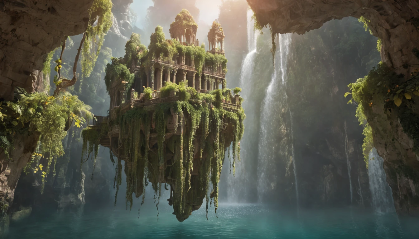 Within a mystical universe, a floating island suspended in the sky, waterfalls cascade from its edges, vibrant floating flora emitting a soft glow, ancient ruins covered in overgrown vines hinting at a forgotten civilization, Painting, acrylic on canvas, vibrant colors with a dreamlike quality, --ar 16:9 --v 5