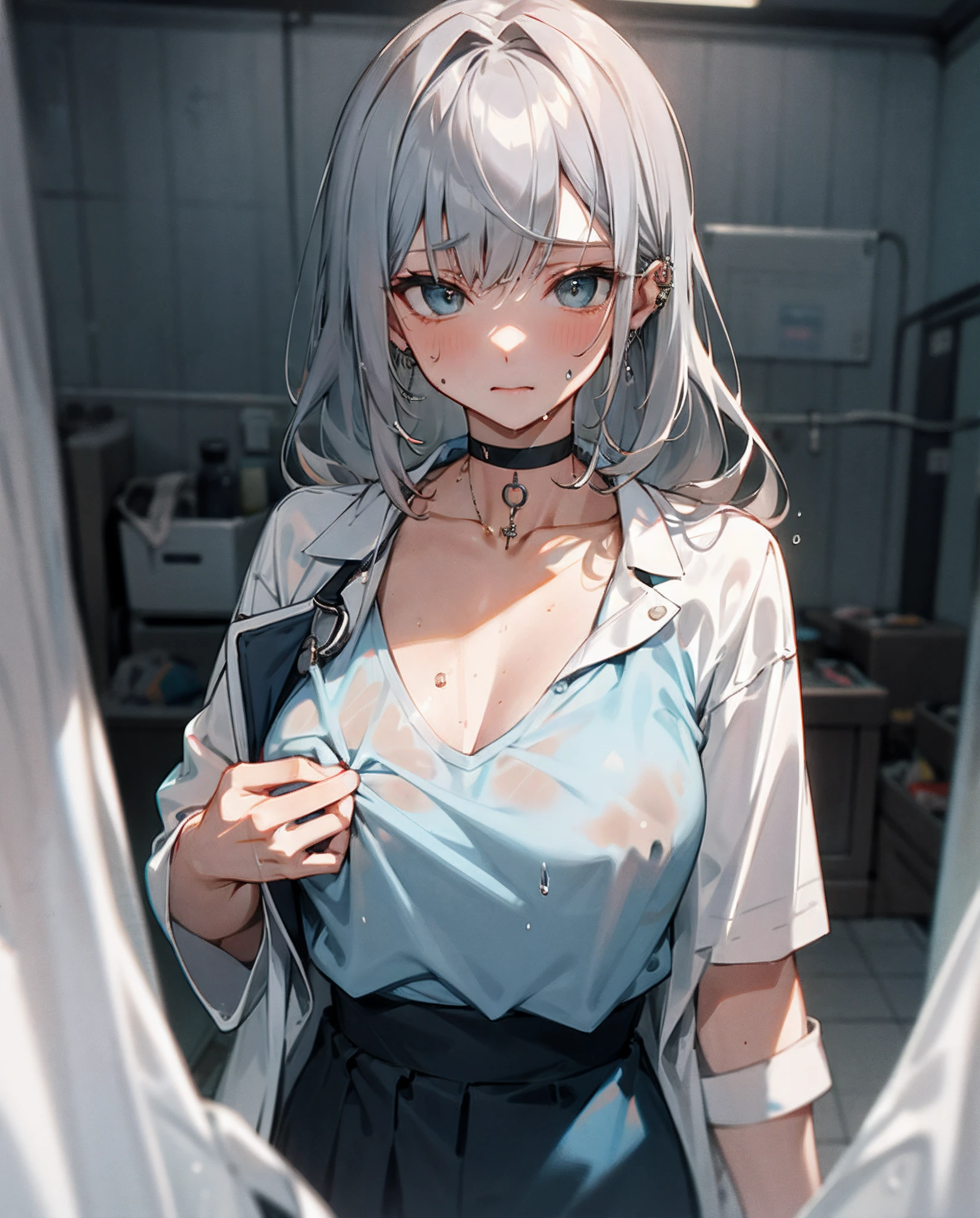 choker necklace，耳Nipple Ring，The shirt is open，Half pair room，，damaged clothes，Bigchest，Wet clothes and sweat，Beautuful Women，Gray hair，the doctor，By bangs，long whitr hair，