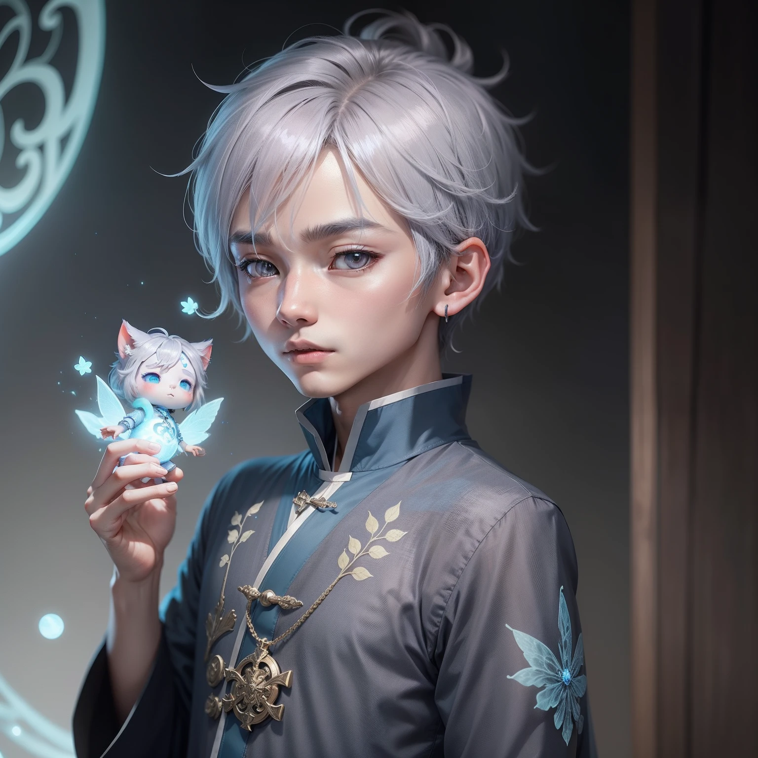 Boy avatar,Fairy style,Wearing Tsing Yi,Has gray hair。