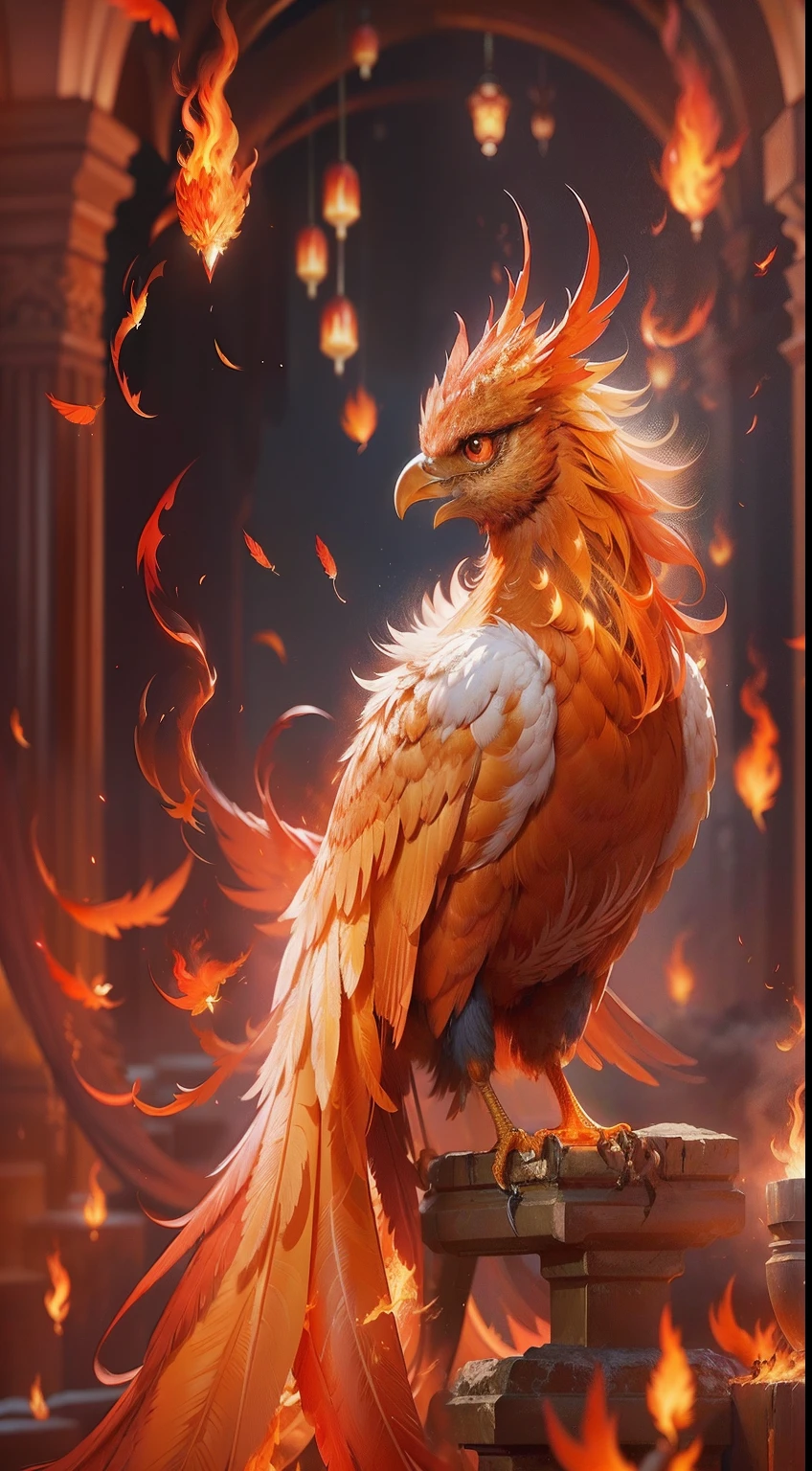 Close-up of a bird on a pedestal，Fire is flying around, artwork of a phoenix, ''wallpaper of a phoenix resting, fiery bird, ''wallpaper of a phoenix, phoenix in fire, Fantasy art Behance, birds f cgsociety, phoenix dragon, hyperrealistic fantasy art, 8K high quality detailed art, ornate with fiery explosions