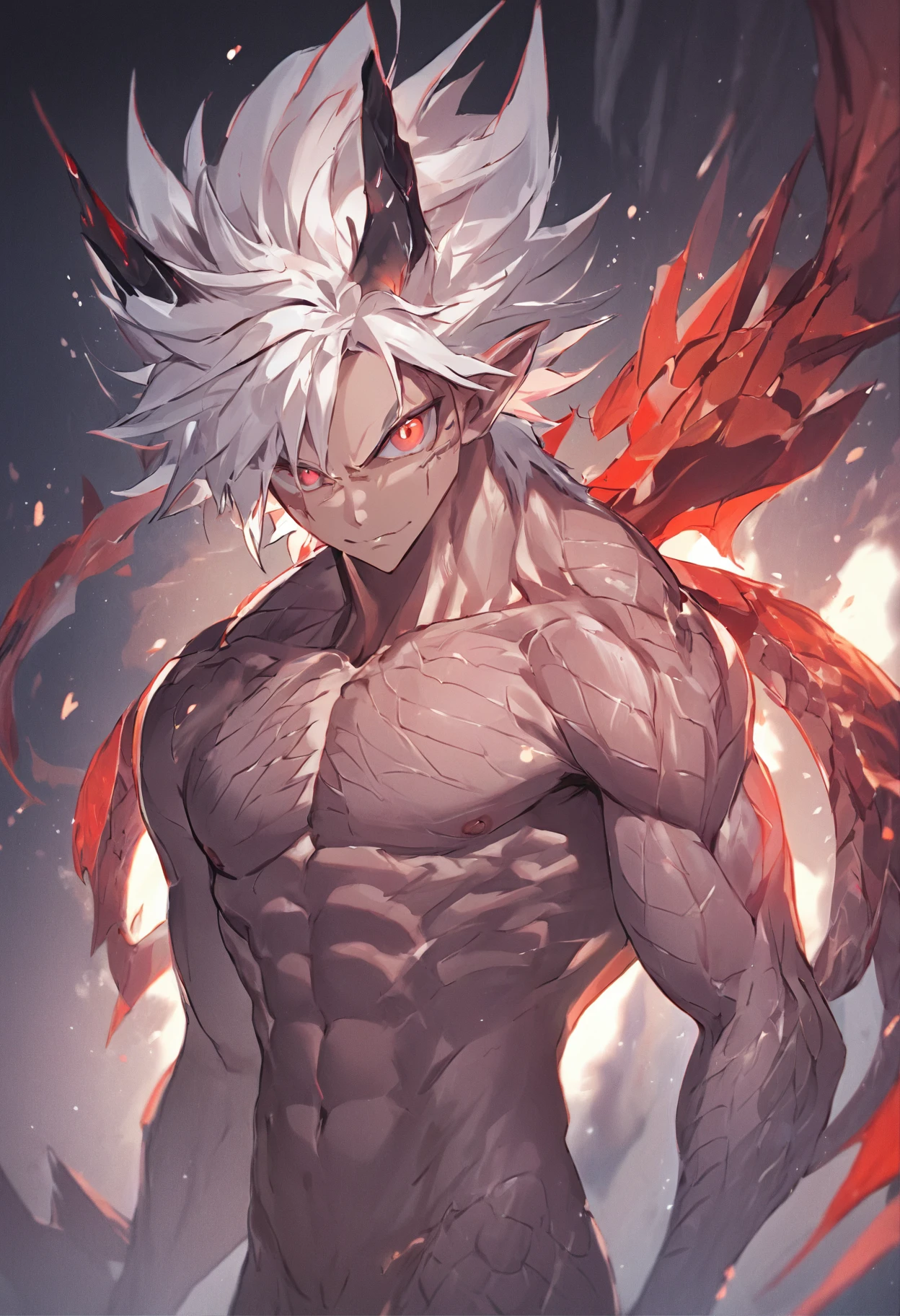 4K, high resolution, Best quality, Masterpiece, perfect colors, perfectly shaded, Perfect lighting, posted on e621, (by Chunie),, anthro, Furry art,  majestic dragon, scutes，Bicolor scales，Silvery hair，A scaly body, red color eyes, Perfect male bodyPerfect male figure, Wear men's shorts,Abs，musculature,Detailed fur, Detailed face, Perfect face, (The stands up), Detailed background, ((Bonifasko lighting)), coda, (Detailed eyes), perfect pupils，Dragon's horn