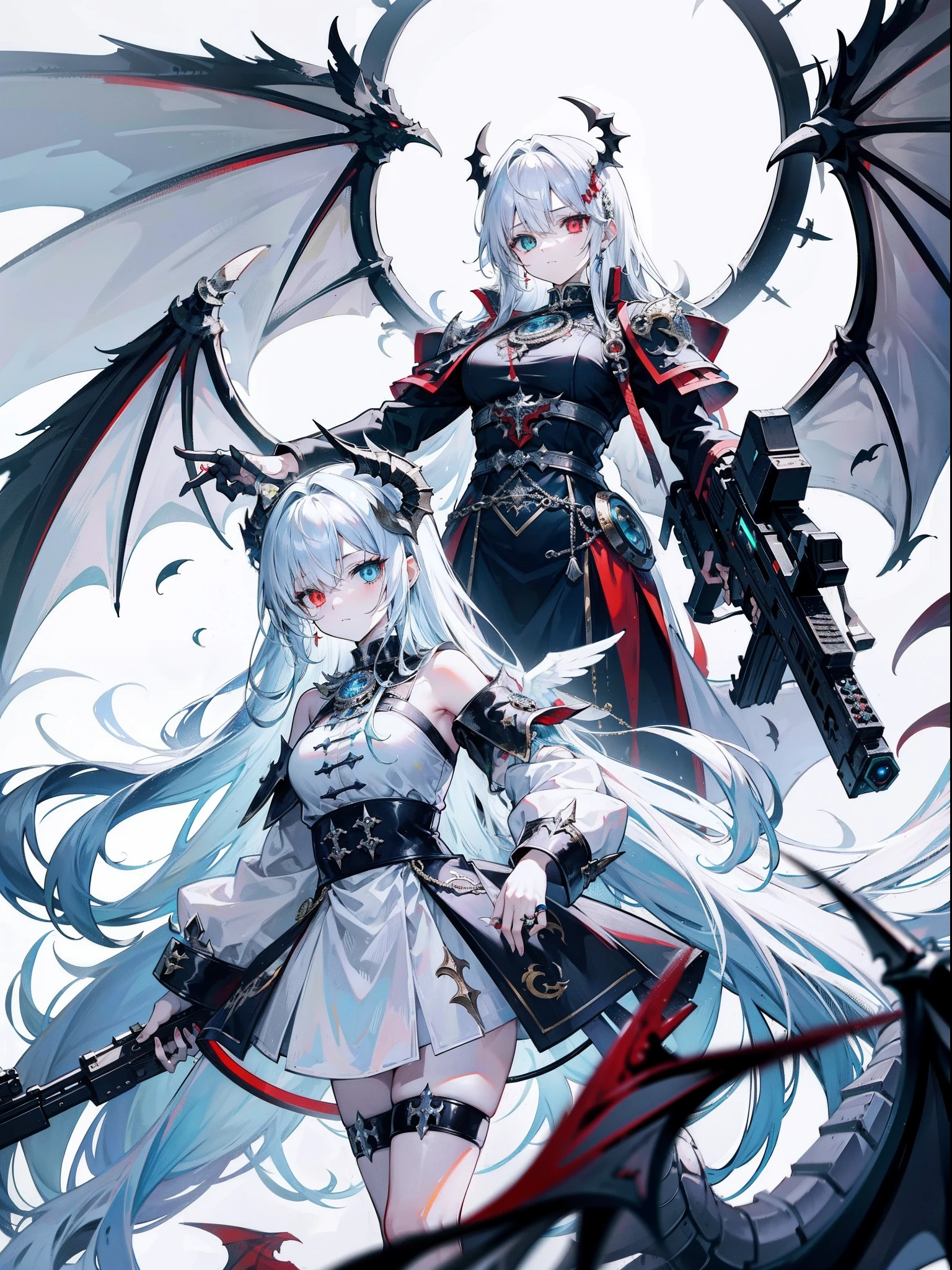 Monster angels that look sacred,His eyes are waiting for heterochromia,His whole body consists of a huge one-eyed eye,and a metal ring around one eye,The ring is crawling with the eyeball,The dragon has many wings on the white holy angel,Holding an assault rifle with both hands。