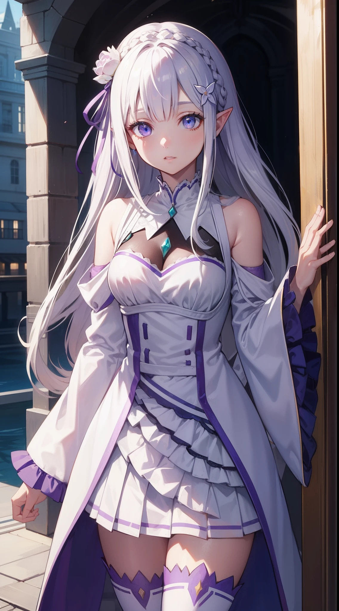 rezeroemilia, emilia, braid, crown braid, flower, hair flower, hair ornament, hair ribbon, long hair, pointy ears, (purple eyes:1.2), white hair, x hair ornament,
BREAK detached collar, detached sleeves, frilled sleeves, frills, long sleeves, miniskirt, pleated skirt, ribbon, skirt, thighhighs, white skirt, white sleeves, white thighhighs, wide sleeves, zettai ryouiki,
BREAK outdoors, city,
BREAK looking at viewer, BREAK (masterpiece:1.2), best quality, high resolution, unity 8k wallpaper, (illustration:0.8), (beautiful detailed eyes:1.6), extremely detailed face, perfect lighting, extremely detailed CG, (perfect hands, perfect anatomy),
