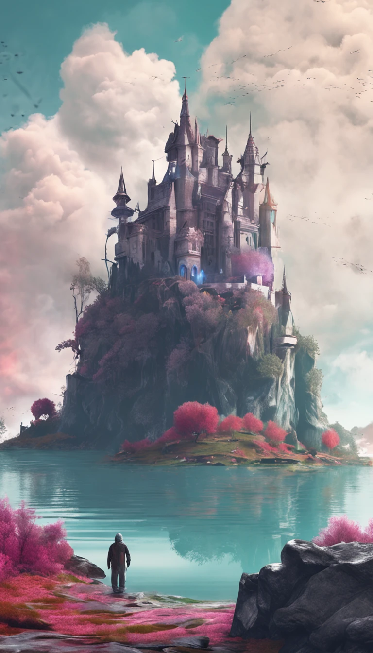 in white clouds fairyland,Calm lake,Villains in the distance,Ultimate simplicity,face,。.3D,OC renderer,Ink painting style