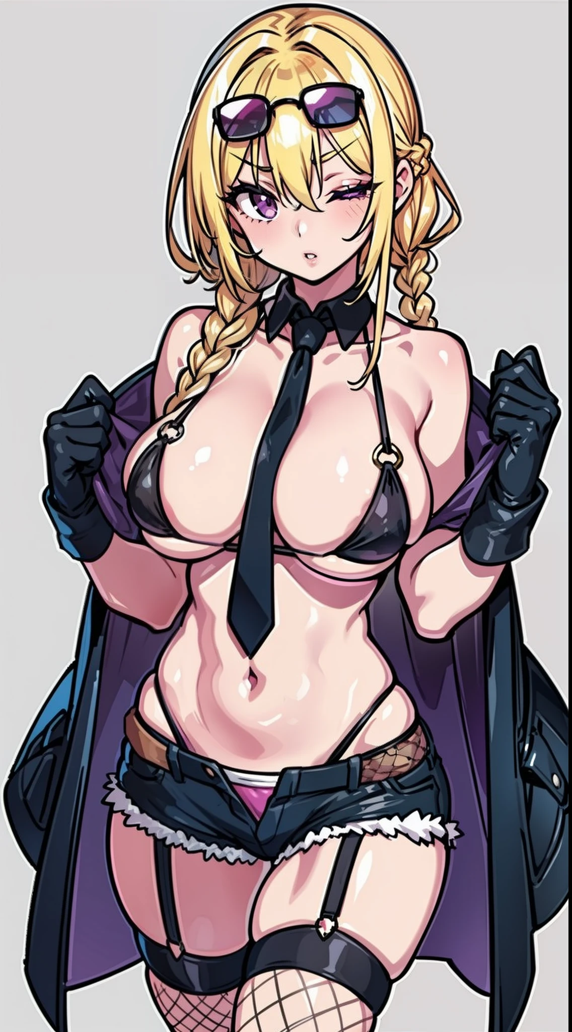 1girl, bangs, between breasts, bikini, black gloves, blonde hair, blush, braid, breasts, cleavage, collarbone, cuffs, eyebrows visible through hair, eyewear on head, fishnet legwear, fishnets, garter straps, gloves, handcuffs, large breasts, long hair, looking at viewer, navel, necktie, o-ring, one eye closed, open clothes, parted lips, police, police uniform, purple eyes, shorts, simple background, solo, sunglasses, swimsuit, thighhighs, white background, yellow bikini