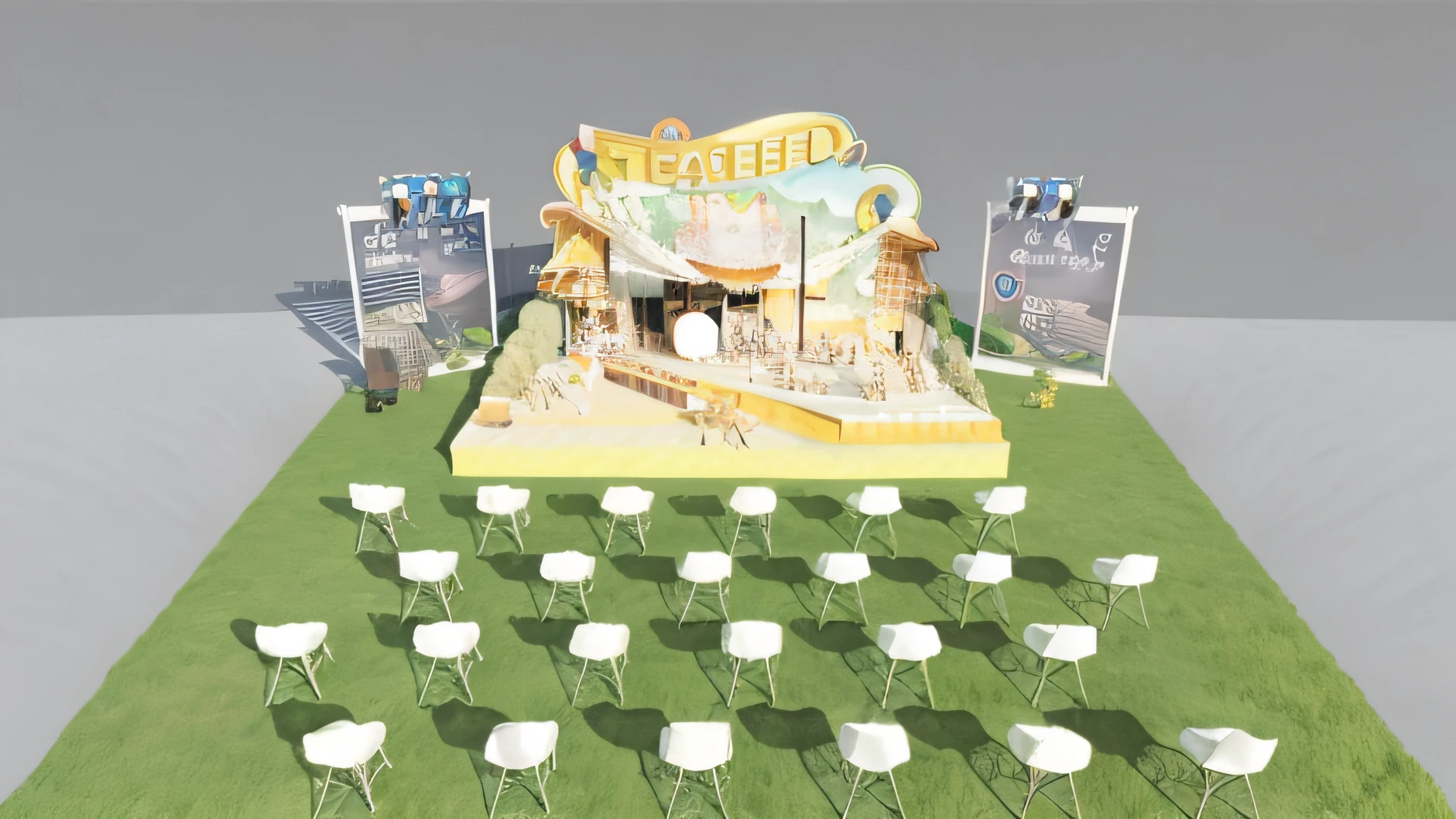 There is a stage，There are Crimean chairs, Stage, an outdoor festival stage, People on the lawn floor，Stage background led big screen, rendering, 2 d cg, detailed set design, event, show room scene, Cafe, Higher detailed illustration, 3D scene, 3d scene, The Car, Cartoon, Demo scenario, virtual set, Celebrate automotive products, Set design