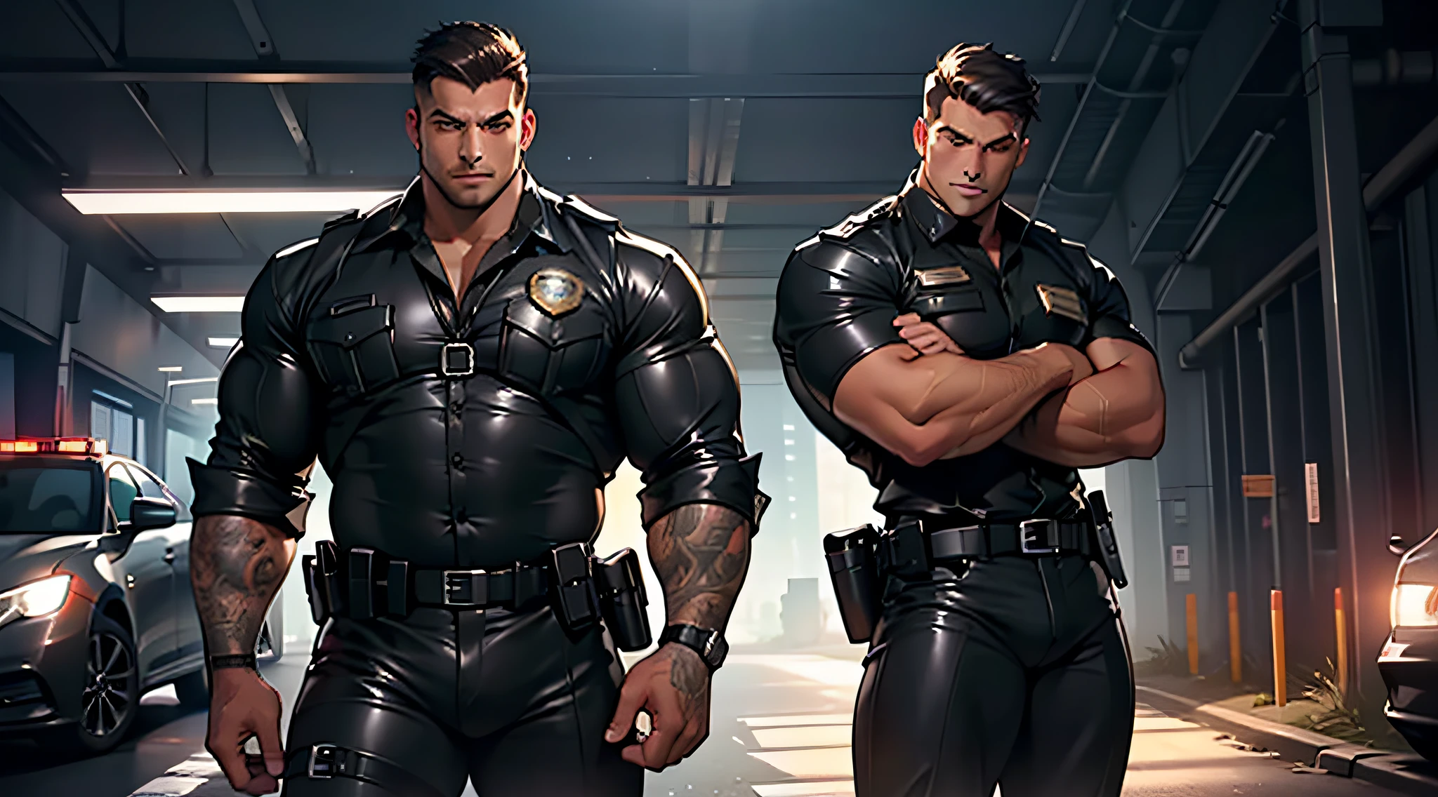 men in police uniforms ,male art,kawacy style, Muscular, thigh pants, sexy men, wet, Delicate Composition,hyper detailed,best quality,cinematic light,(beautiful detailed background:1.2), Perfect anatomy, Bara art 2d, manly men, men with beard, one person