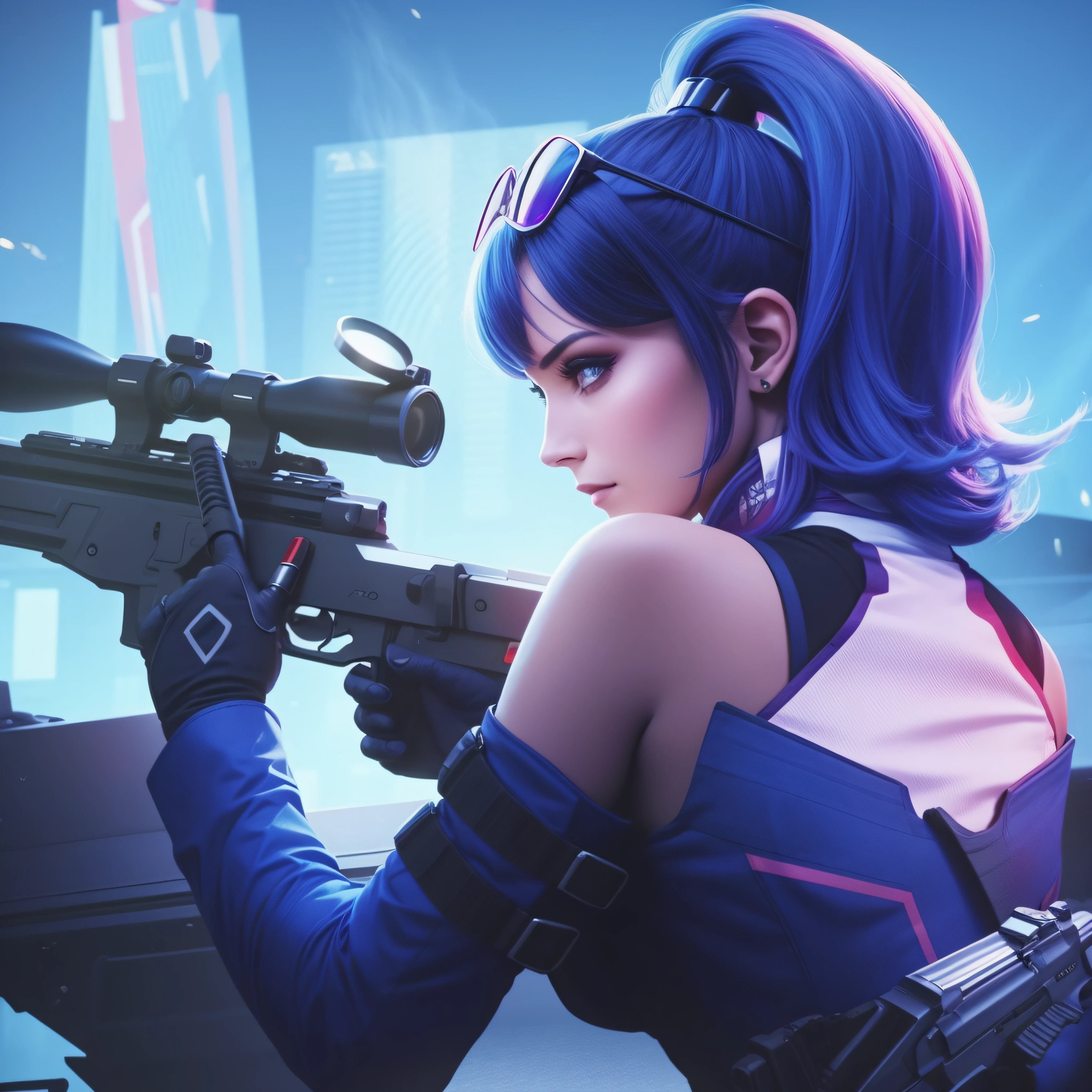 photorealestic,Handsome woman with a pursuit gun,wearing red