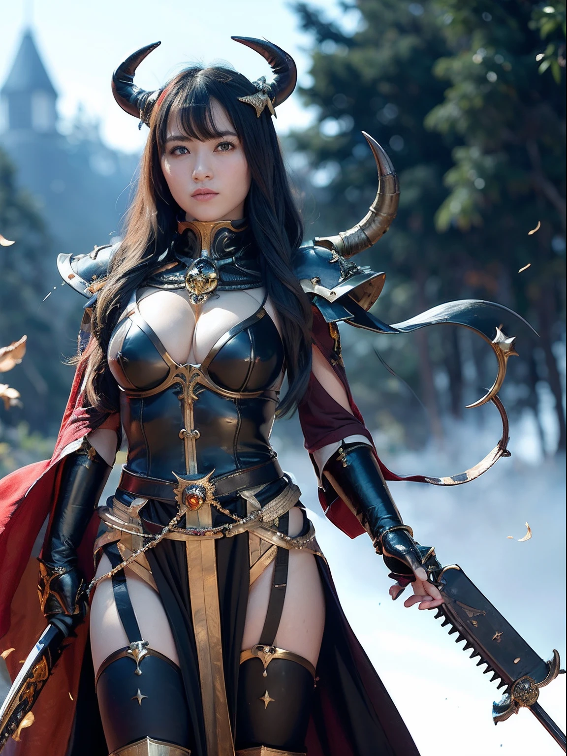 Professional , ​masterpiece、top-quality、photos realistic , depth of fields 、(A dark-haired) 、（Gemstone White Metal Body:1.９),(Matte Black、Jewel Gold Weapon（Jewel Metal Body:1.４),Gorgeous metal weapons ,Particles of light、（Black wings）、（（ Detailed and gorgeous sword of the brave）） ,Light Effects、intense fighting、Wind-effect、magic circles、 (A dark-haired)  ,warhammer 40k ,Detail and ornate jewel crown、With the legendary magic wand、Dragon's tail、explosions、（（Micro Bikini Armor））、（（Gangle's forest background））、Beautiful Caucasian beauty、１a person、dynamic ungle,(((Details of the two demon horns on the head)))、Smaller head、A smile、Background inside the castle、Thin and beautiful female hands、cleavage of the breast、Soldier in iron armor on background、Mystical expression、Light Effects、Wind-effect、With the legendary magic wand、（wingspan）、Toostock、Anatomically correct body、