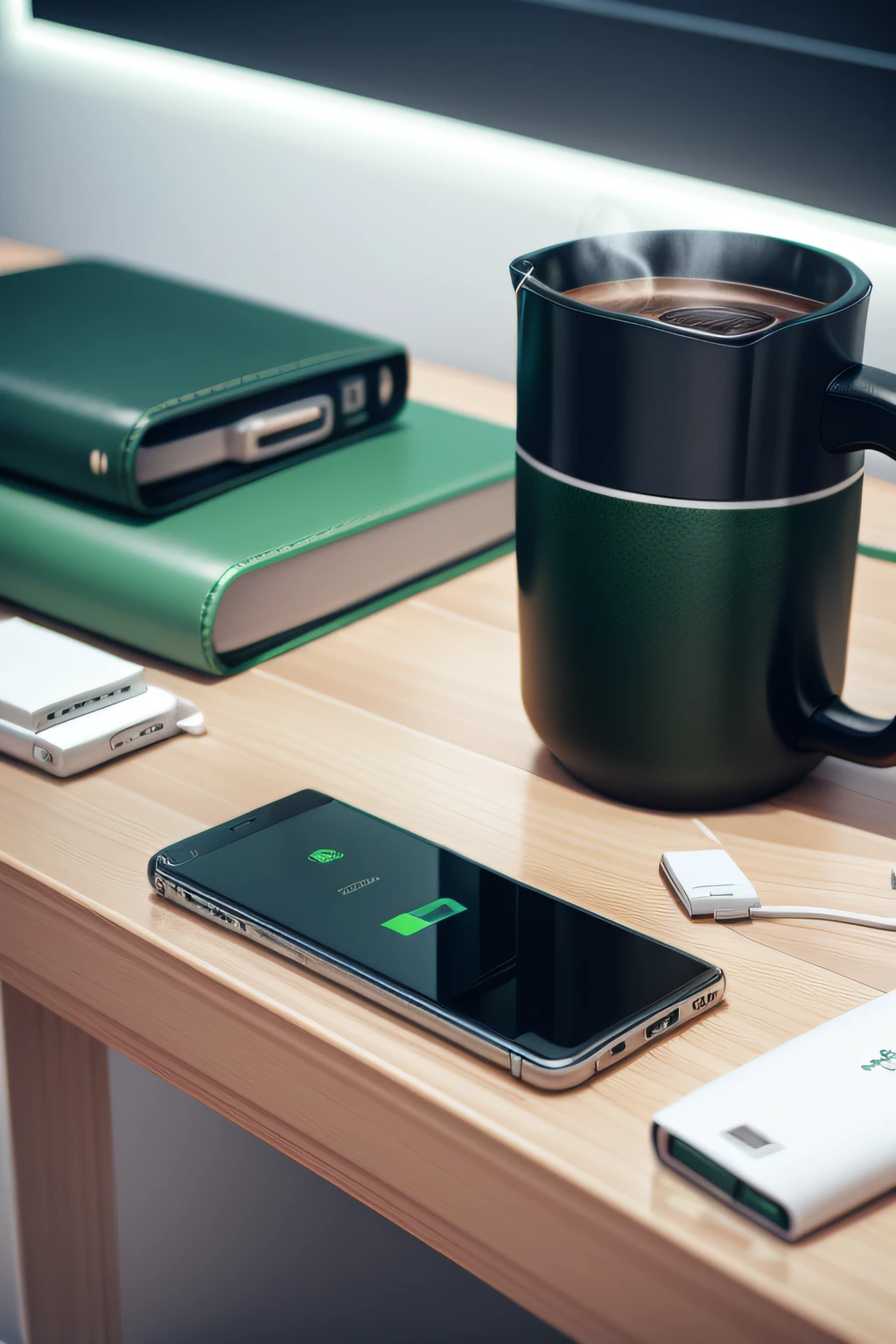 Green leather notebook and white power bank,3D stereoscopic effect,Business style,Placed in a conference room,White mug,Coffee in the cup