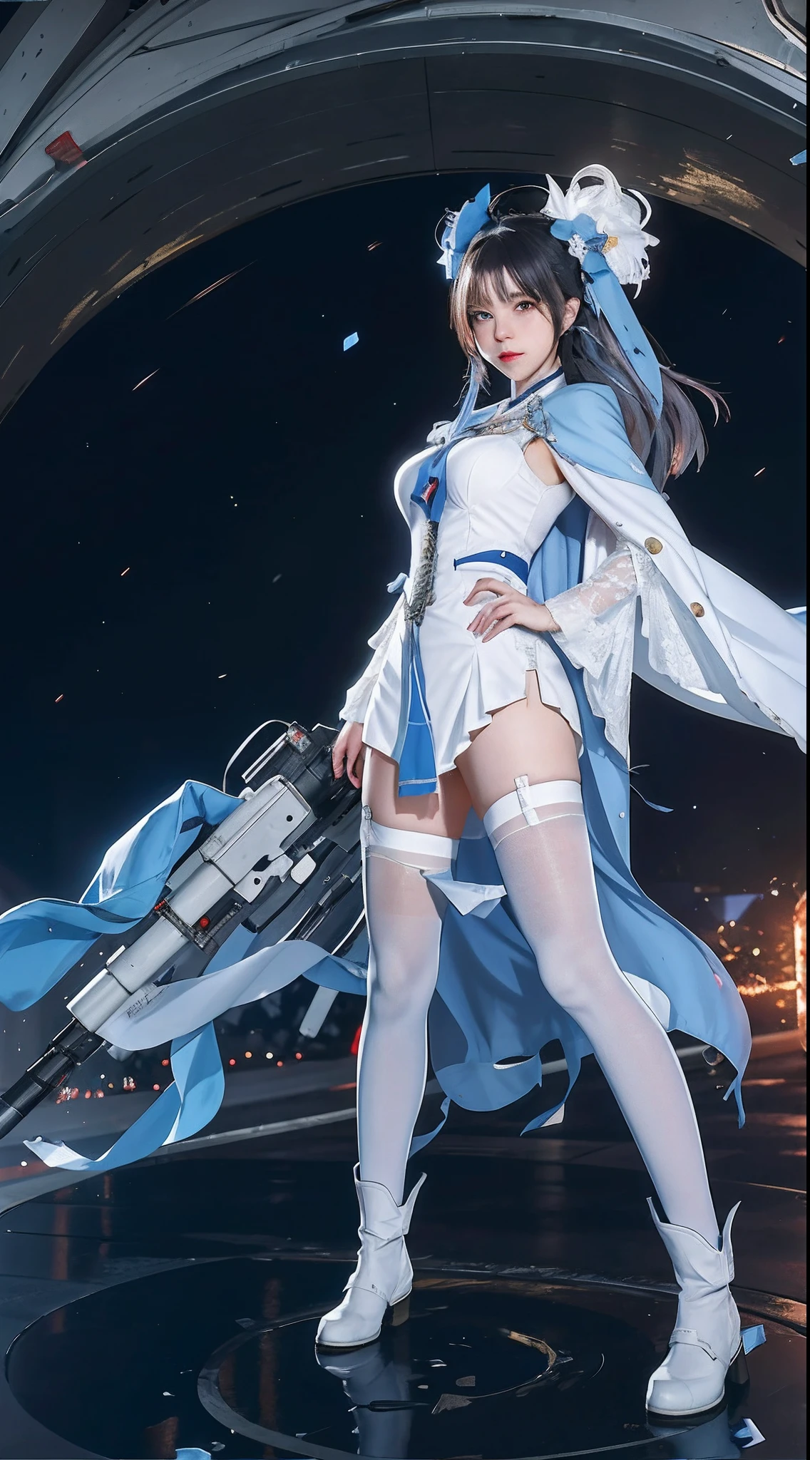 there is a woman in a white dress and blue cape holding a gun, azur lane style, from the azur lane videogame, fine details. girls frontline, from girls frontline, trending on cgstation, m4 sopmod ii girls frontline, characters from azur lane, girls frontline cg, from arknights, female action anime girl, anime girl cosplay