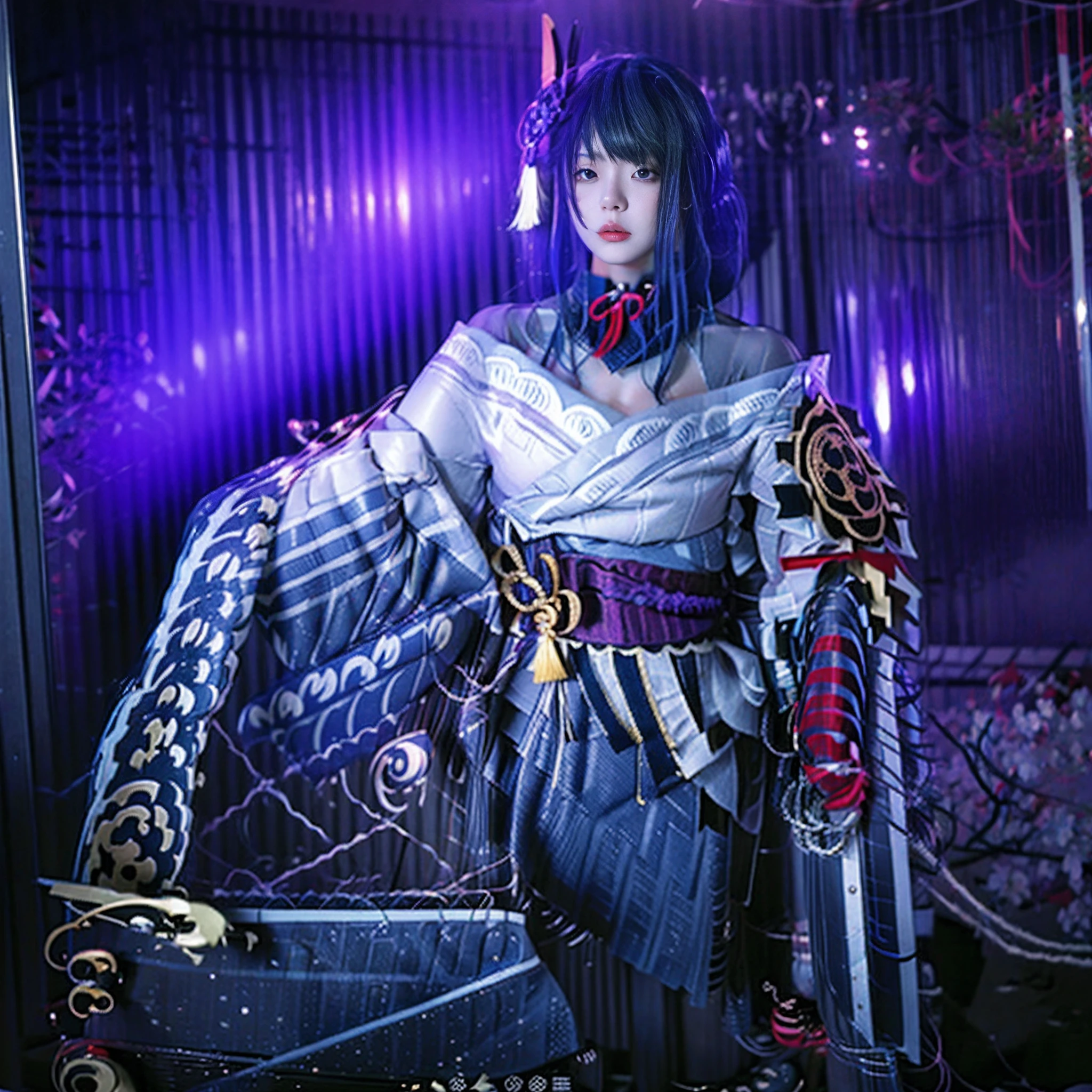Raiden General fine clothes white clothes blunt bangs braided (Mid-chest: 1.4) Wide sleeves kimono hair accessories daywear (Red belt: 1.4) (Light purple hair: 1.4) Very long hair, Straight hair, Delicate face, Cold face, (smooth jaw: 0.85), Looking at the audience, Beautiful eyes, Detailed eyes, Skirt, (Sunset: 1.4), From the side, (cherry tree: 1.5), photon maping, physically-based renderingt, RAW photos, highly detailed back ground, (Realphotos: 1.35), high resolution, Perspective, Front, (Ulzzang-6500: 0.4),(((closeup of face))),Bright lights, Front lighting, Face shooting