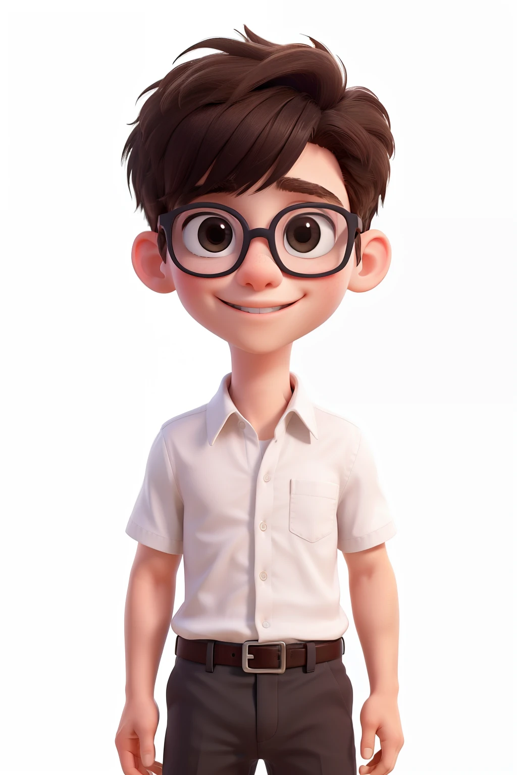 a white boy,whitebackground ,Close -up,big eyes,glasses ,skinny face,light smile,small nose