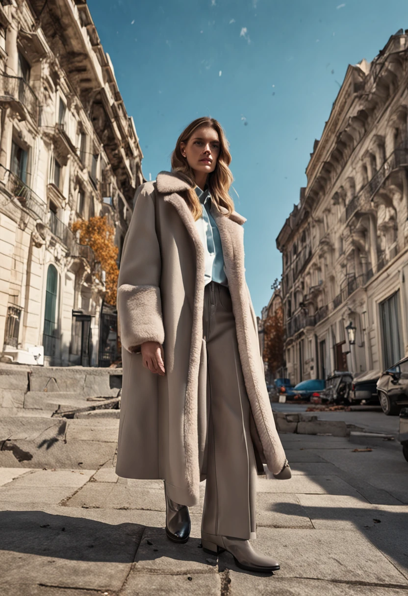 Autumn and winter catwalks，Gray tones，European and American women，Beige fur coat，Blue loose wide-leg long jeans，With an aquamarine striped shirt，Wear black leather boots，Inspired by Ralph Lauren，Valentino loose jeans, Large pants,   double denim, cropped shirt with jacket, Crewneck cropping