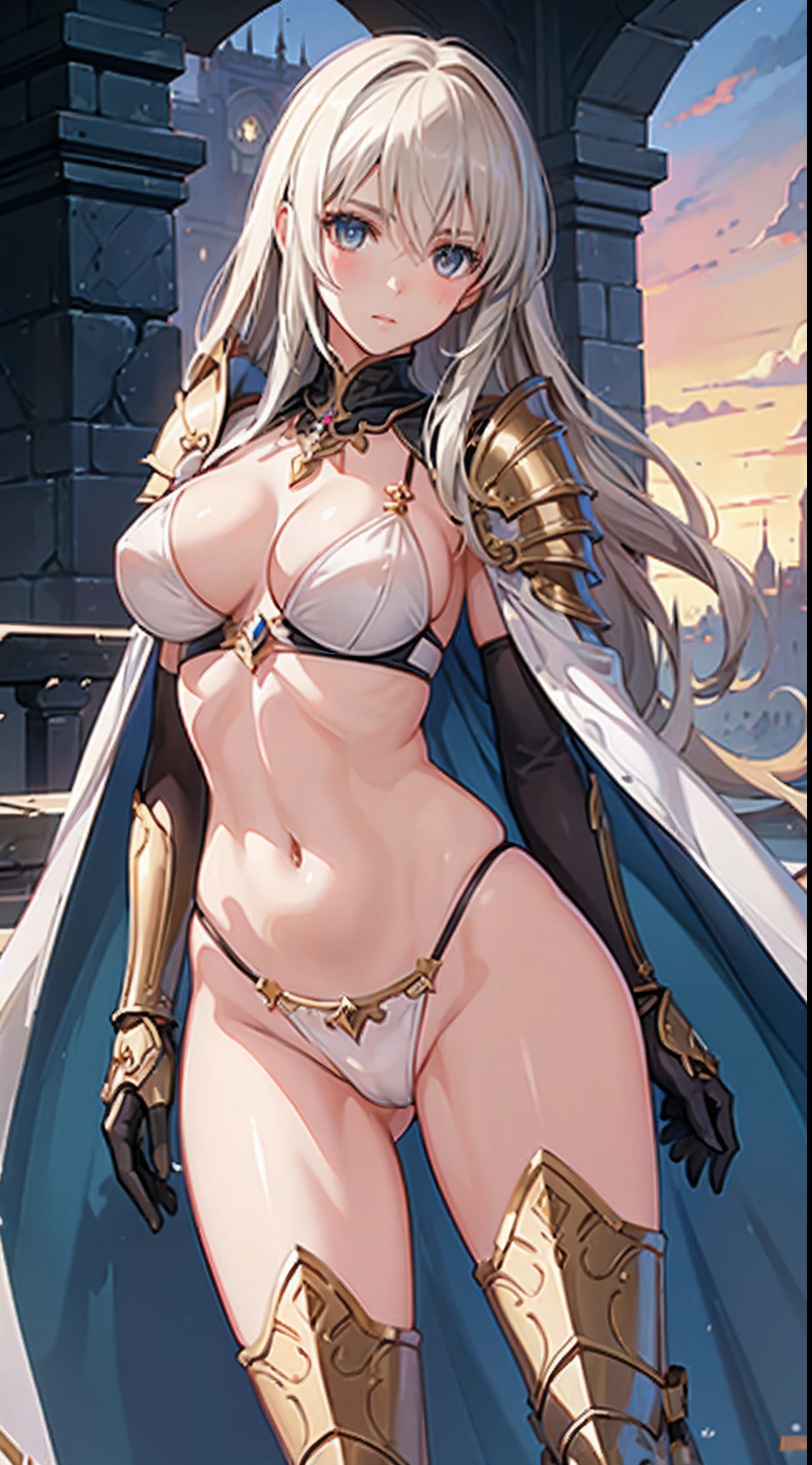 ((slanted eyes)),1girl, solo,(milf), (((mature female,adult female))),masterpiece, Top  Quality, ultra-definition, max resolution, A highly detailed, clean skin, extremely sexy,large breasts,blush,high legs,thong,armor girl, bikini armor female knight, Bikini Armor, bikini-armor, bikini-armor, ornate bikini armor, Female knight, Gorgeous Female Paladin,Beautiful armor,cleavage,over-knee sock,in palace