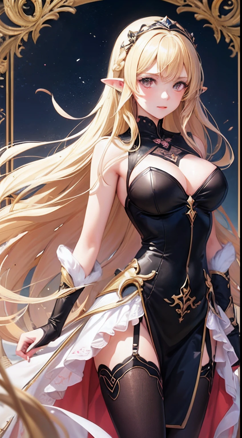 1girll,(Long fluffy blonde hair:1.6),Knight's suit,Mature female,perfect body proportion, long pointy ears, pink hair Rich and noble families,dress,pastures, happy, V-shaped eyebrows,Almost fell,Time is at night,looking at viewert,Ultra-detailed CG,Exquisite facial features,Clear facial expressions,Detailed digital anime art,Digital anime art,High quality anime art style