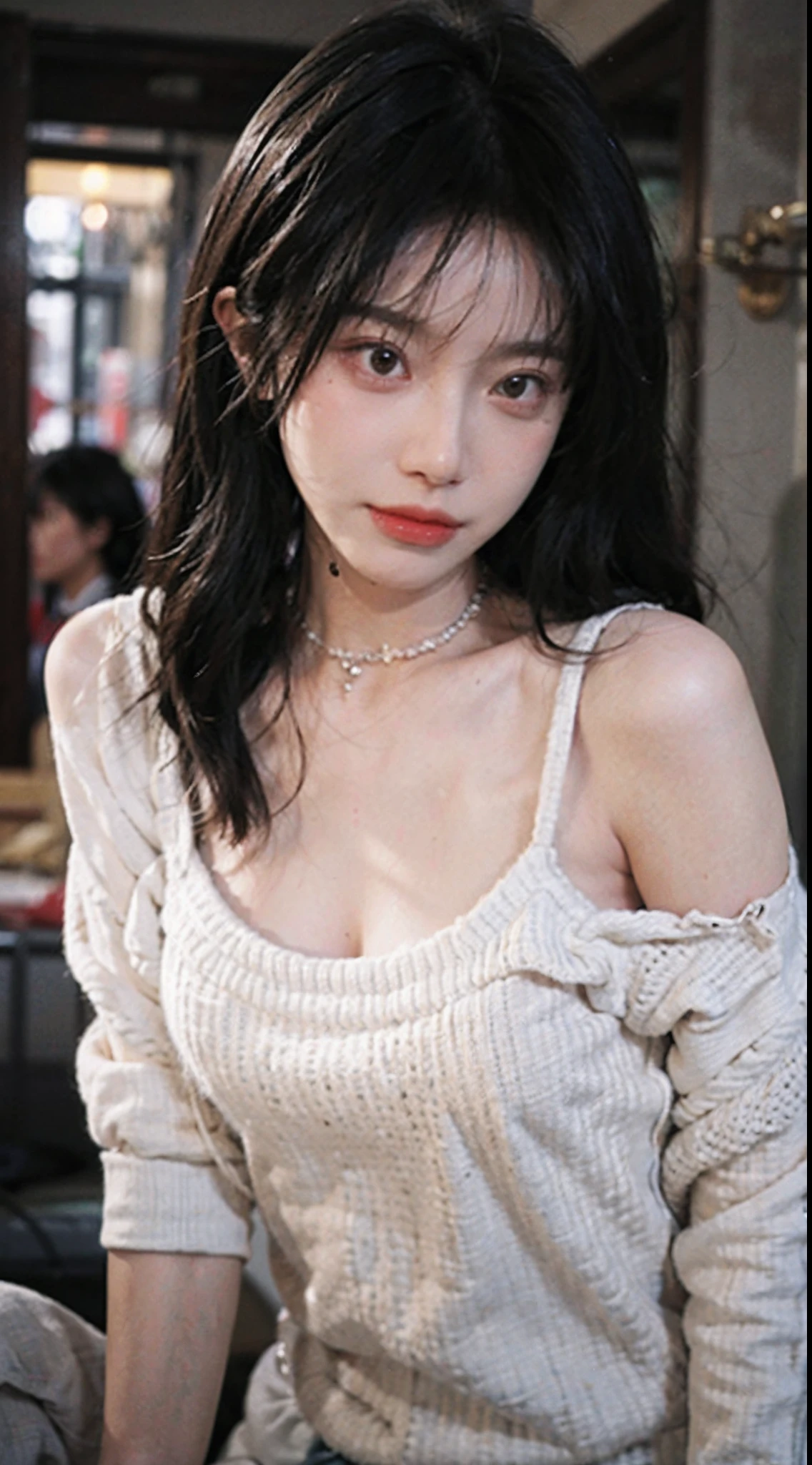 Highest quality, Ultra-high resolution, (Realistically:1.4),Gem Girl,One girl, Have long curly hair,Looking into the distance,Huge cleavage,Cropped red sweater,atmosphere,Beautiful woman with slim figure:1.4, Abdominal muscles,Ultra-fine face,A sophisticated eye,double eyelid,Choker Necklace