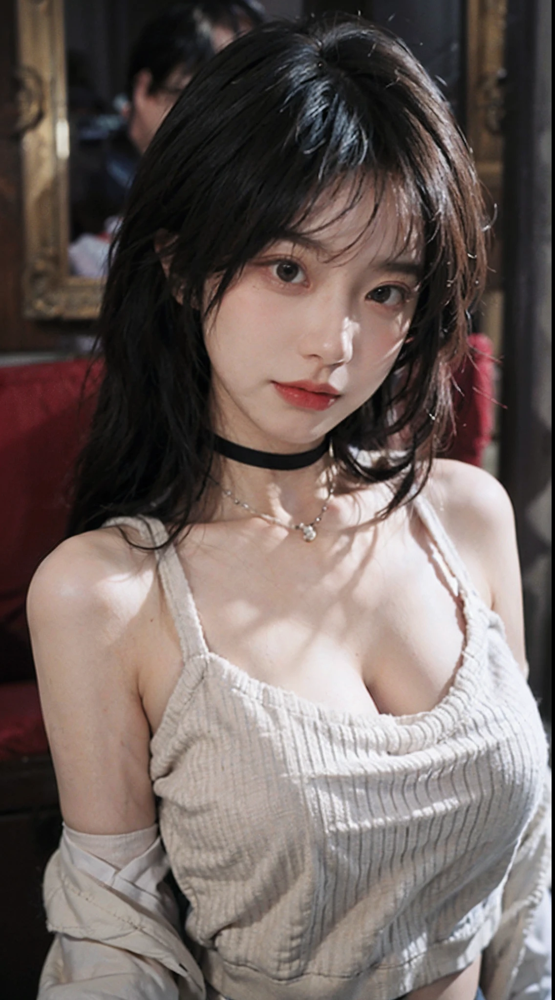 best qualtiy, 超高分辨率, (realisticlying:1.4),Baoyu Girl,1girll, with long coiled hair,Blushlush,Looking into the distance,nedium breasts,Cropped red sweater,a sense of atmosphere,Beautiful woman with a slim figure:1.4, Pronounced abs,Ultra-fine face,Elaborate Eyes,二重まぶた,choker necklace