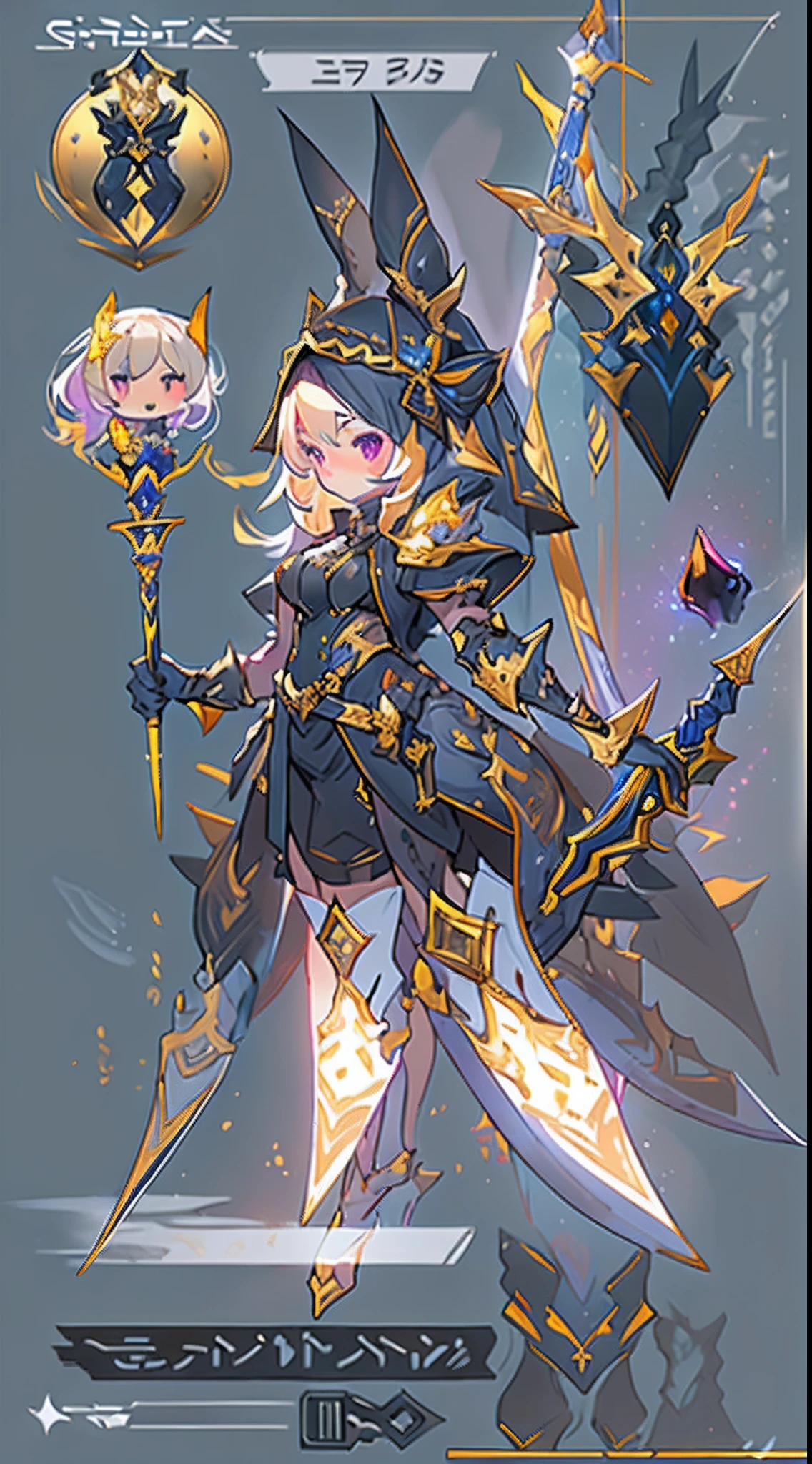 Design a layout showcase Gaming character, ((1chibi)), sorcerer:1.4, Golden+Purple clothes, Black_Desert_style, stylish and unique, ((showcase weapon:1.4)), magic staff, (masterpiece:1.2), (best quality), 4k, ultra-detailed, (Step by step design, layout art:1.5), (luminous lighting, atmospheric lighting), Final Fantasy style, magican, ((glove full hands)), fran, viera, (((revealing clothes:1.3))), vambraces, armored legwear, (((full_body_shot:1.4))), Niji, back_view, T_pose