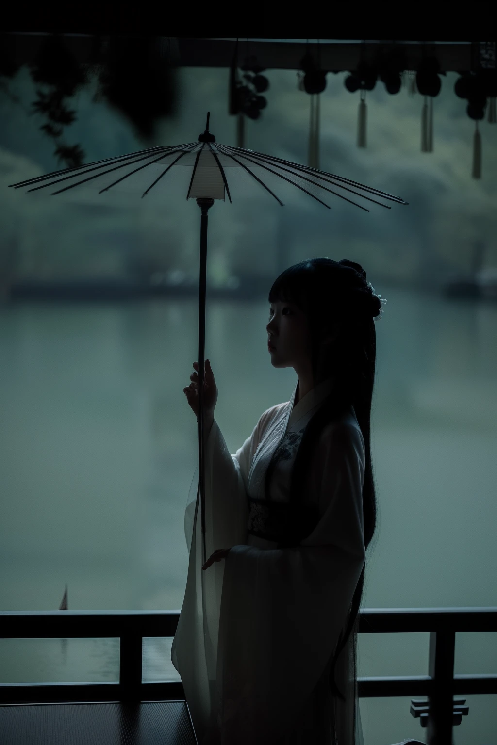 In the darkness there was a woman holding an umbrella, Palace ， A girl in Hanfu, Inspired by Ma Yuan, inspired by Fu Baoshi, White Hanfu, Hanfu, Chinese woman, inspired by Tang Yin, Chinese style, Daoism, inspired by Ma Lin, fan ho photography, Chinese girl, Ethereal beauty, Atmospheric portrait, Chinese traditional