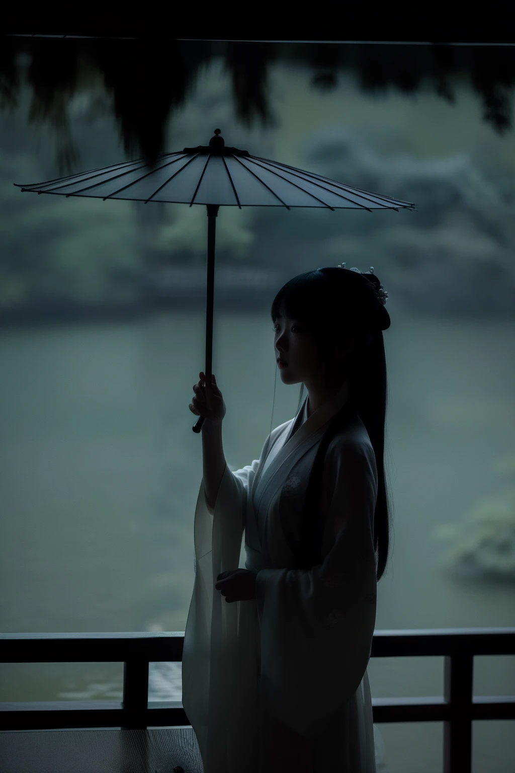 In the darkness there was a woman holding an umbrella, Palace ， A girl in Hanfu, Inspired by Ma Yuan, inspired by Fu Baoshi, White Hanfu, Hanfu, Chinese woman, inspired by Tang Yin, Chinese style, Daoism, inspired by Ma Lin, fan ho photography, Chinese girl, Ethereal beauty, Atmospheric portrait, Chinese traditional