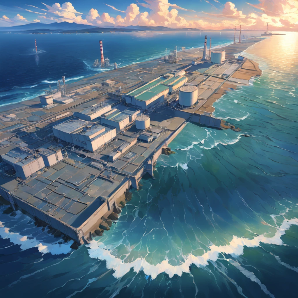 Depicting the appearance of the Fukushima nuclear power plant, Show the drain,Dumping contaminated water into the ocean. Emphasize the contrast between nuclear power plants and the vast sea
