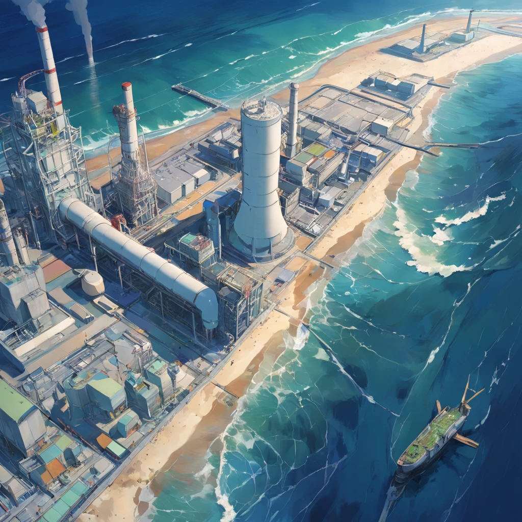 Depicting the appearance of the Fukushima nuclear power plant, Show the drain，Dumping contaminated water into the ocean. Emphasize the contrast between nuclear power plants and the vast sea