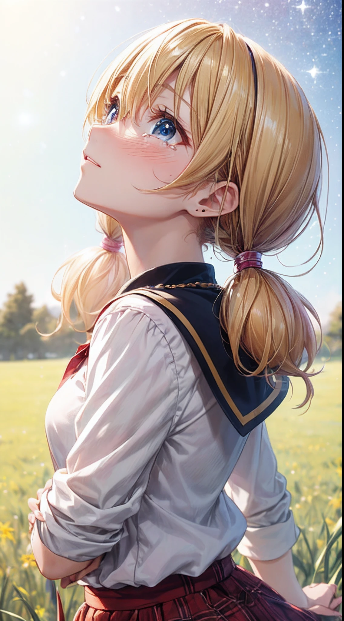 absurderes, ultra-detailliert,bright colour, extremely beautiful detailed anime face and eyes,D, shiny_skin,25 years old,1womanl、独奏、25-years old、(From Side:1.3)、(Looking Up:1.3)、blazers、plaid skirts、(crying how bright)、(red blush)、(Blonde short hair:1.3)、(low twintails:1.4)、Shiny hair、Valley、Colossal tits、Aimei、small earring、Small necklace、The starry sky is dancing、grass field、(Looking up at the starry sky:1.4)