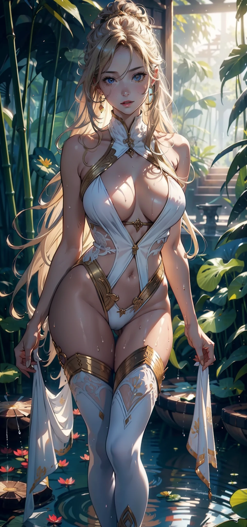 1female,35yo,mature,Bigchest,Big breasts Thin waist,long leges, 独奏,(Background with:bamboo forrest,lotuses,lotus flower,exteriors,Lotus pond) She has long blonde hair,standing on your feet,Sweat profusely,drenched all over the body,seen from the front, hair straight, mostly cloudy sky,(((tmasterpiece),(Very detailed CG unity 8K wallpaper),best qualtiy,cinmatic lighting,detailed back ground,beatiful detailed eyes,Bright pupils,Black eyes,(Very fine and beautiful),(Beautiful and detailed eye description),ultra - detailed,tmasterpiece,)),facing at camera,A high resolution,ultra - detailed),revealing breasts,Bare genitalia, Bulge,legs are open,Raised sexy,Camel toes,Flushed complexion,Open-mouthed,frontage(Wearing:White transparent pajamas,Gold wire embroidery,Bare genitalia,Bare breasts,nakeness)
