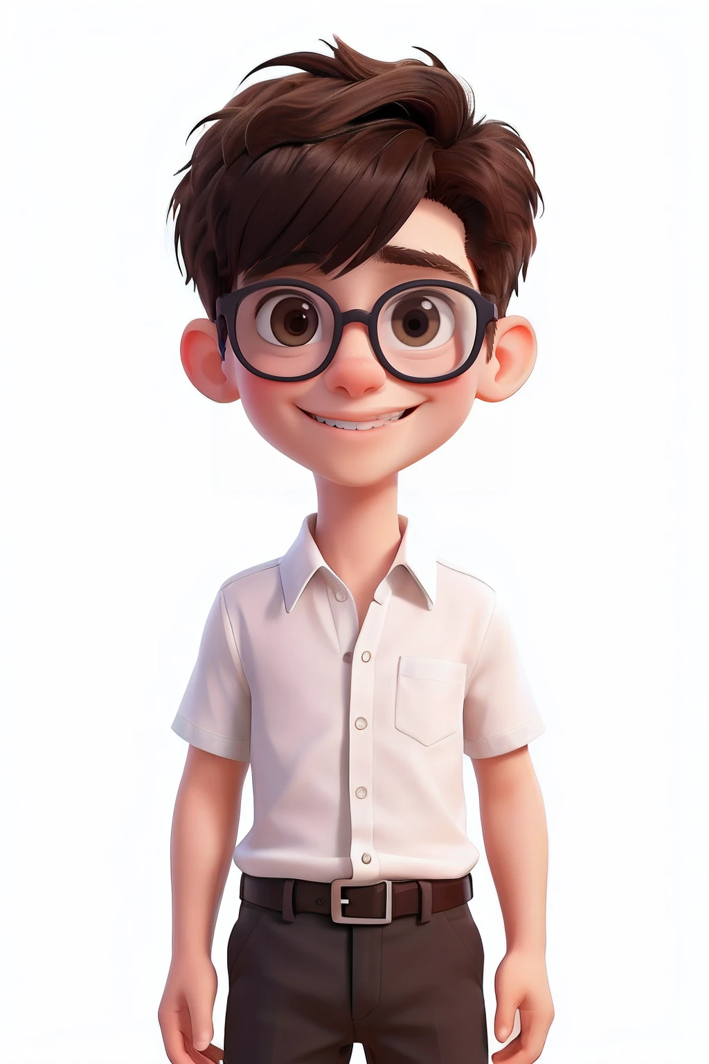 a white boy,whitebackground ,Close -up,big eyes,glasses ,skinny face,light smile,small nose