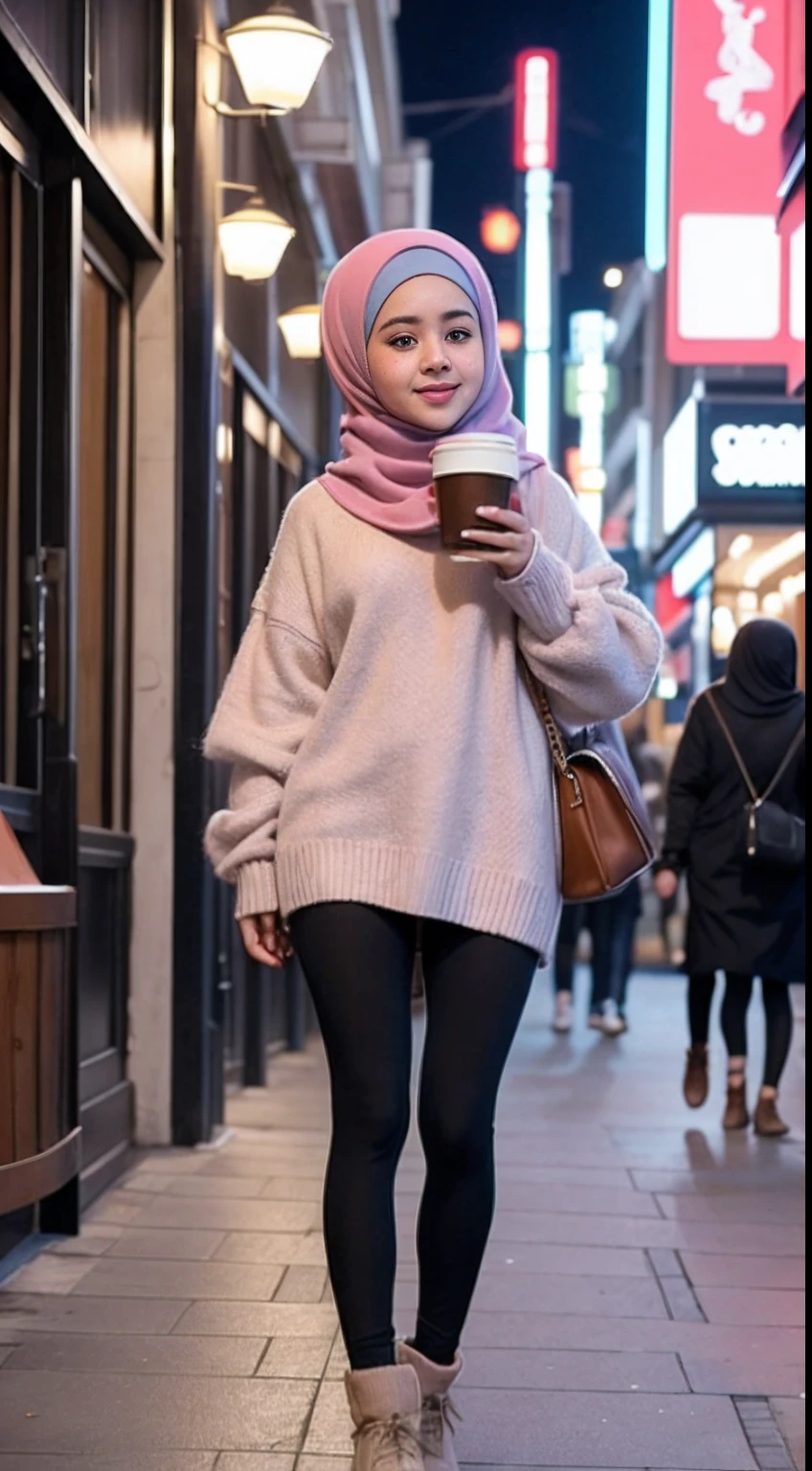 mira filzah holding a cup of coffee wearing big knitted sweater and leggings in night city street, (mira filzah:1.6), wearing hijab, cute cat by her side, pastel color hijab, smal head, perfect body proportion, petite body,