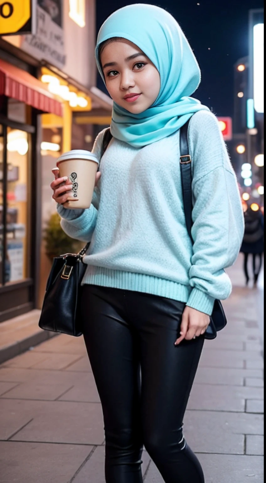 mira filzah holding a cup of coffee wearing big knitted sweater and leggings in night city street, (mira filzah:1.6), wearing hijab, cute cat by her side, pastel color hijab, smal head, perfect body proportion, petite body,