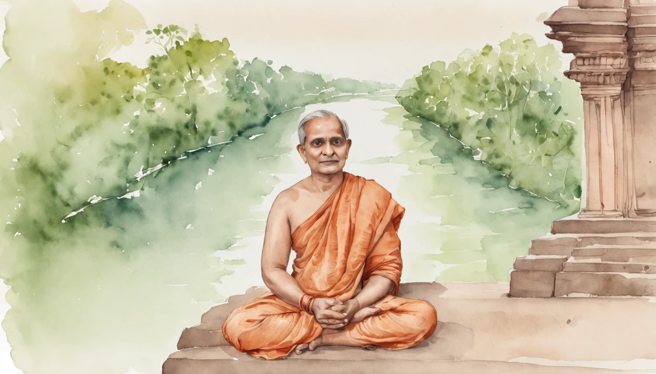 Varahamihira contemplating the cosmos on the banks of the Ganges River, surrounded by lush greenery and ancient temples, the tranquil environment mirroring his serene demeanor, a fusion of nature and intellectual pursuit, Artwork, watercolor and ink, soft textures, --ar 9:16 --v 5